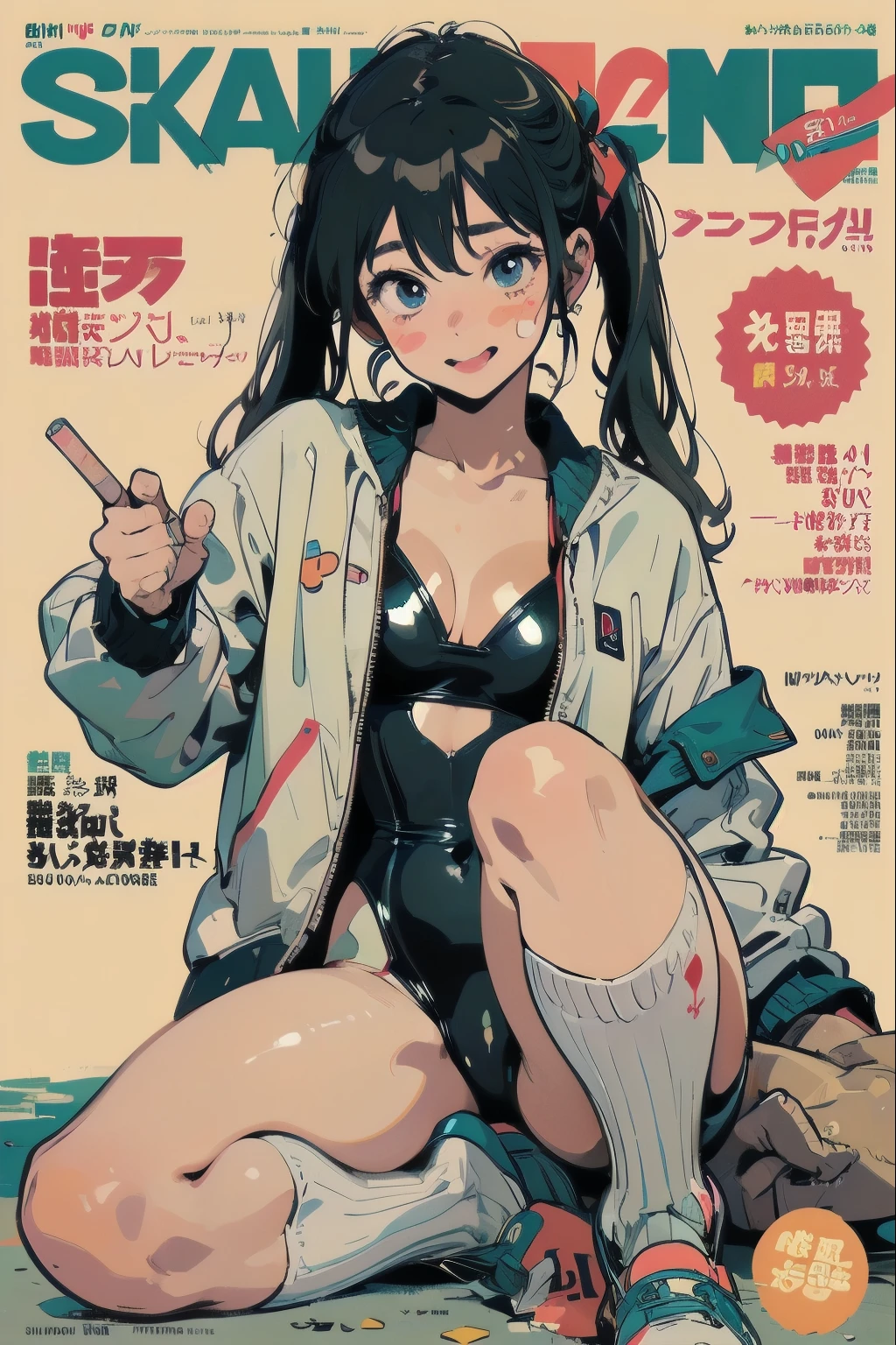 Beautiful girl in anime style, clean small surfaces, cyber punk, bikini armor、 (magazine cover:1.8)、((Lots of stickers: 1.5))、((From before:２))、(play games)、(dynamic pose:1.5), 1 cute girl, highest quality、ウルトラ - High resolution、High resolution、Detailed CG、8k unit wallpaper、、detailed and beautiful eyes, Pigtails、(((colorful super shiny latex swimsuit)))、(((sunburn, white oversized track jacket, jewelry, long socks, cleavage ,)))、(shiny body,:1.5)、blush, Sweat,please be shy、(Ahegao:1.5)、(stick out your tongue)、red blush、please be shy、(Ahegao:1.5)、full of embarrassment