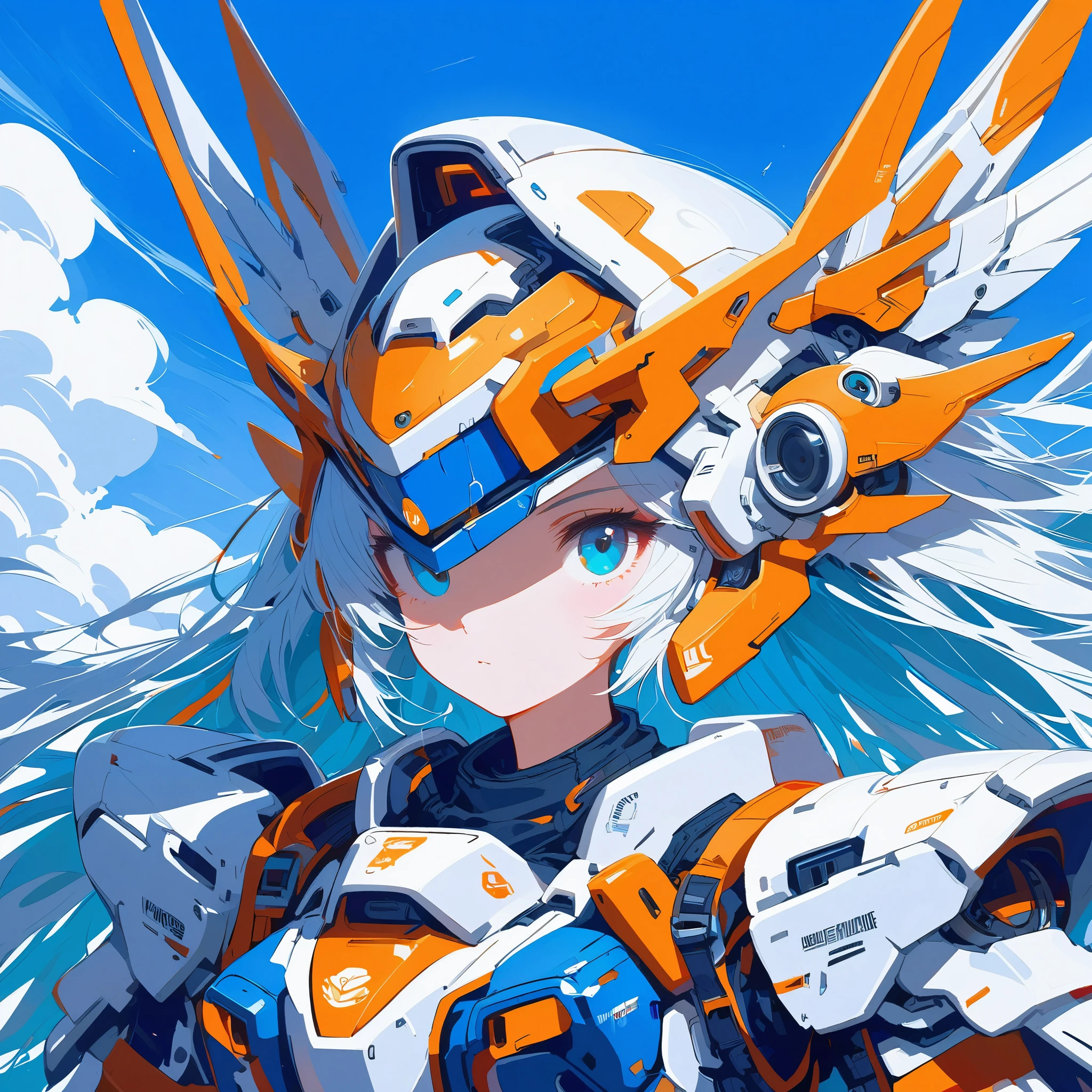 ((celluloid)),Mecha musume,a woman in a futuristic outfit is floating in the air with a sword in her hand with a sky and clouds and blue background with white clouds and blue and orange lines and white,with a,Joseph Stella,Mecha,portrait,rayonism,