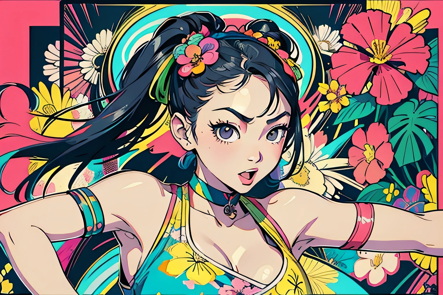 Create digital artwork in pop art style, Featuring energetic and confident Asian women,Street fashion, movie color scheme, Surrounded by vintage flower motifs, vivid brushstrokes,Emotions must be dynamic, Upper body, drawing, figure, grayscale, tropical, lots of flowers, Surrounded by monitors, laugh happily, colorful, rough look, one person