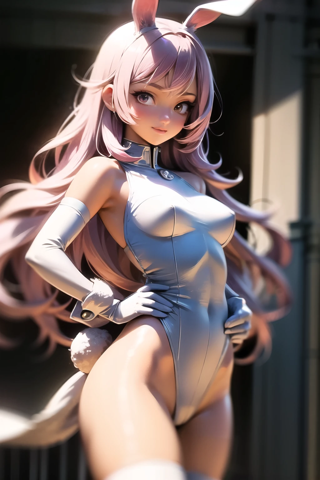 ((best quality)), ((masterpiece)), (detailed), perfect face, 1girl, solo, long hair, breasts, looking at viewer, bangs, large breasts, thighhighs, gloves, animal ears, bare shoulders, medium breasts, tail, pink hair, flower, white hair, multicolored hair, elbow gloves, white gloves, pink eyes, rabbit ears, blurry, white thighhighs, leotard, hand on hip, gradient hair, blurry background, highleg, highleg leotard, white leotard, anime, sharp