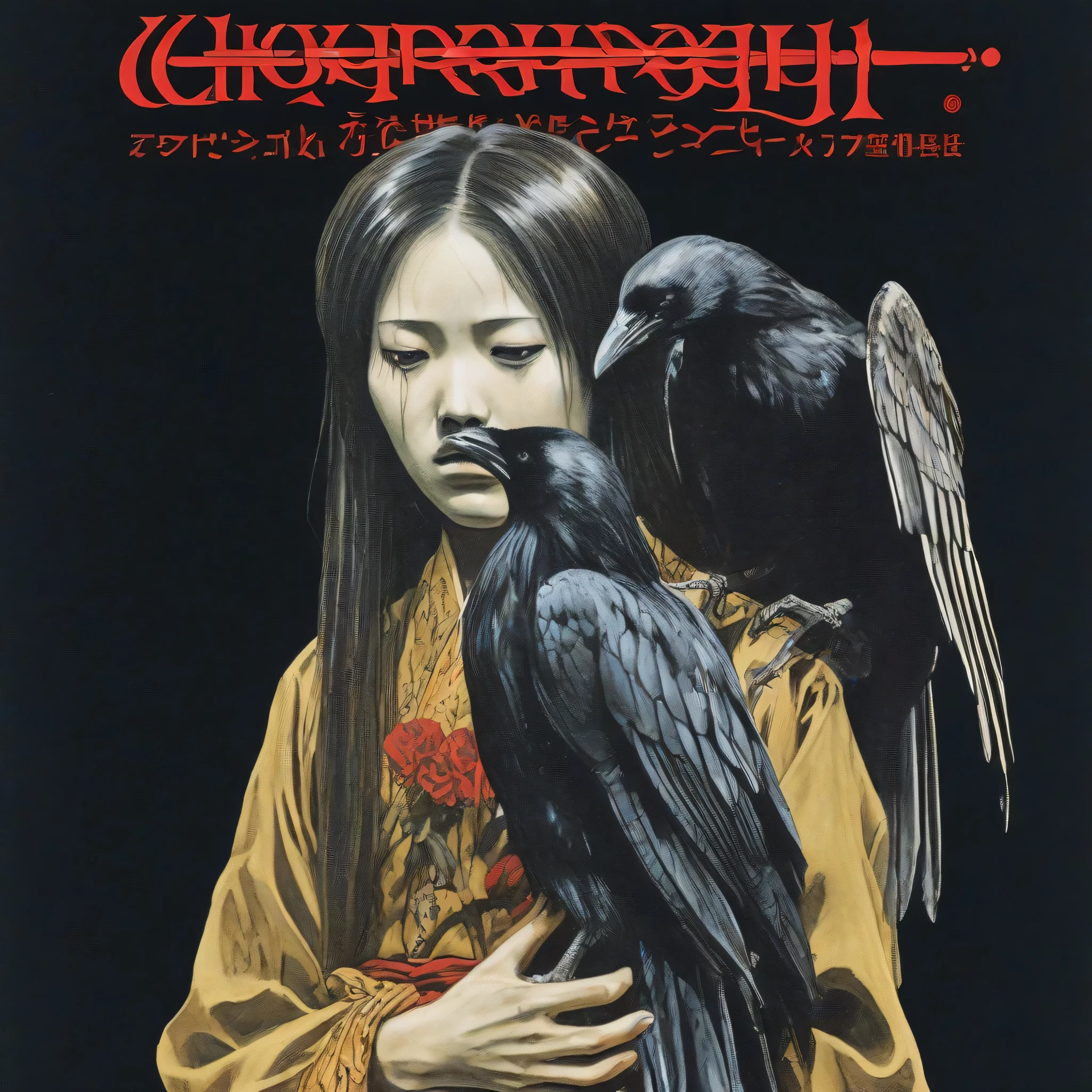 poster depicting a spooky realistic drawing of (crying:1.1) girl wearing russian folk dress, full body, holding a dead crow with hand at side, and a live crow with hand up, inspired by Japanese 70s horror movie poster, dark background, black background, FADED COLORS