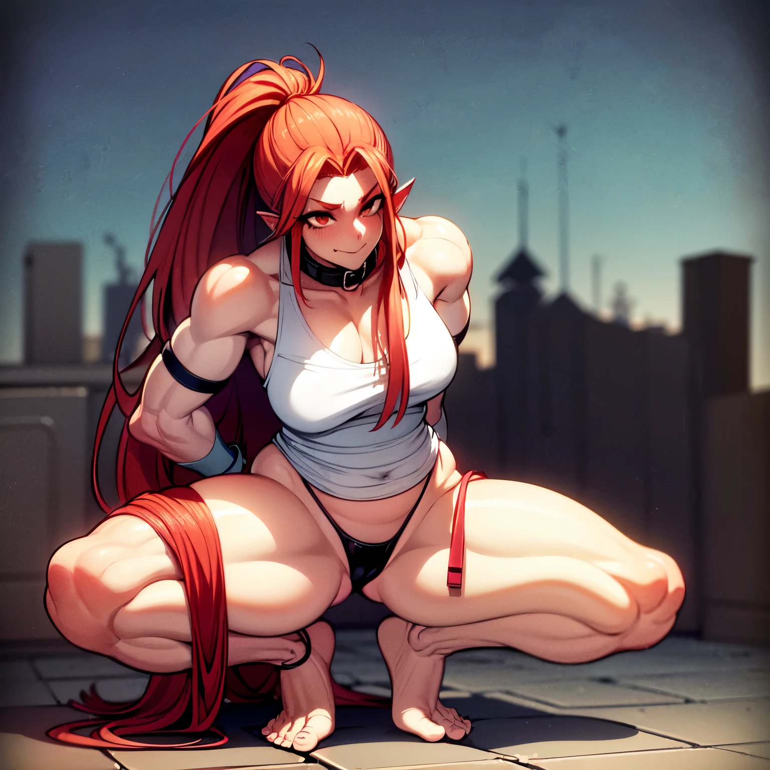 undyne,dirty ponds, mycelium, stains, suspicious mushrooms,Anime,prisoners, penalties,In a cage,full body,Keep chest up and head up,plump and tall woman,happy smile, binding band,handcuffs,weating profusely, limb restraint,large breasts,bound,Blue skin, shark teeth,canon ,fanon ,green striped sweater ,(shorts ,thong),red eyes ,(red hair,yellow hair, eicolor hair,extra long hair, messy hair),barefoot, green thong ,blush ,locket ,scoop neck,Leg rings, ankle shackles, chains,collared ,saliva,squatting,burning scars and scars on the body,the thighs and calves are tied together by the same belt,spread legs apartwhite jacket,collar,opening on the clothes,Show muscles and abdominal muscles ,sexy muscles,blue muscles, abdominal muscles,toes,floor tiles,Iron chains,seduction