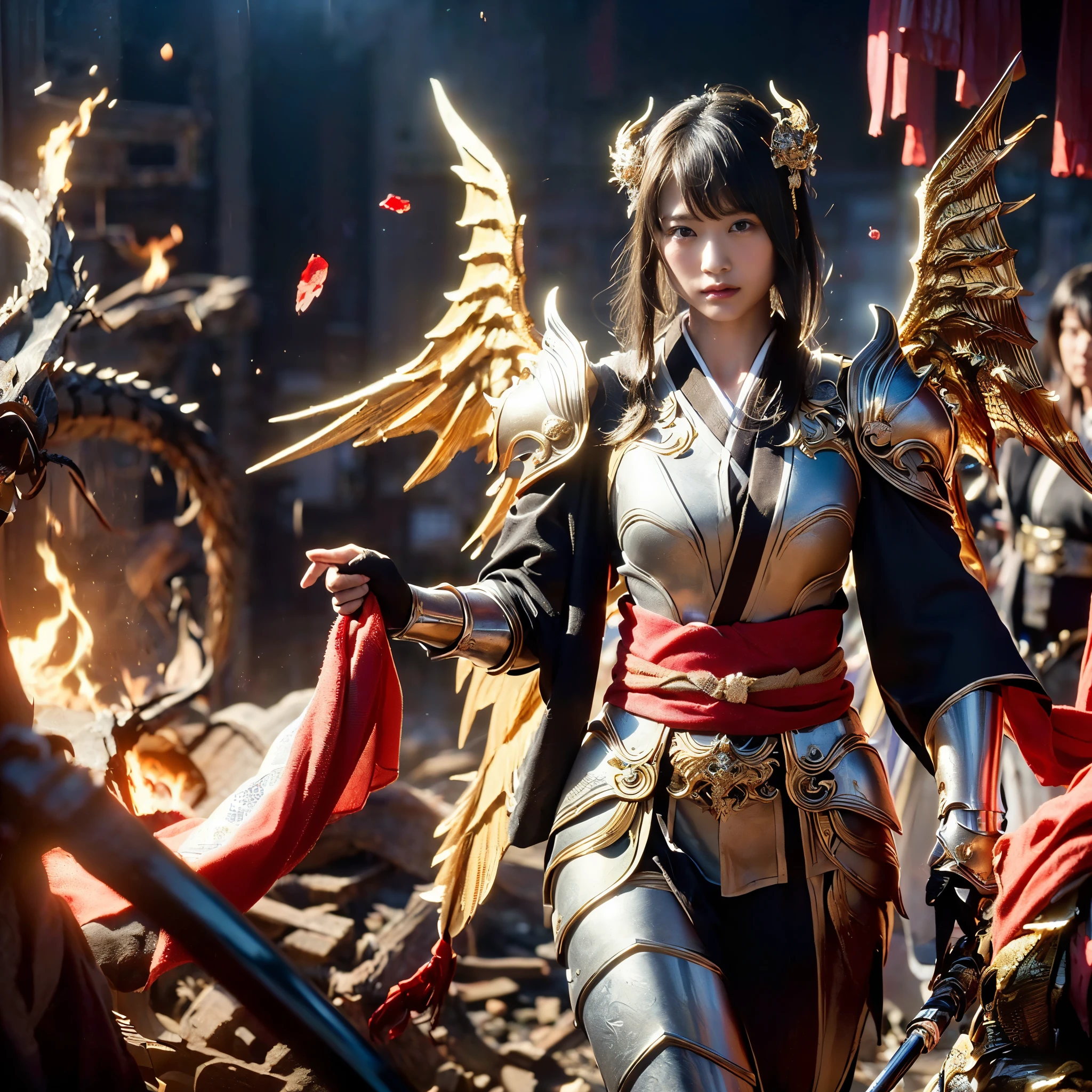 (((Realistic, masterpiece, best quality, crisp detail, high definition, high detail, very rich detail, sharp focus, sharp detail, colorful, perfect studio lightning))), ((20 years old goddess, kasumi arimura)),(((in the middle of war, epic war scene, attack stance))), wearing (((beautiful decorated golden heavy armor, dragon armor, decorated full body armor, fully armored beautiful kimono, wide golden wings))), (flying, swinging katana, blood scattered face, blood tears, blood bath, blood shed), (((fire everywhere, blood everywhere, death everywhere, japan bakumatsu period, dead bodies,carcass,burned japanese castle,hellish,chaos)) traditional village background)