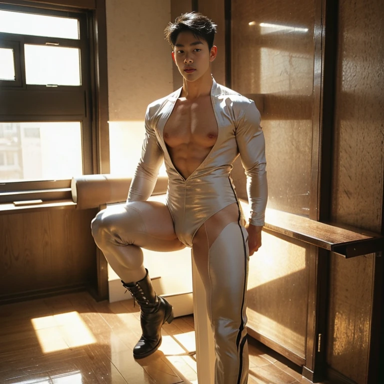a group handsome kpop idol , super handsome boy , male , fatty hips , fatty buttocks, sexy , eroticism , nsfw , sexy slutty whore , nasty bitch , (photorealistic) , thick thighs, male , gluteal fold, (bare thighs ) , (bare chest ) , realism , hyper realistic , photorealistic , ( thick hips ) , Perfect male body, , tall. Sexy high waisted cuting bodysuit , striper boots , full length shot(fls), narrow waist , exposed thighs