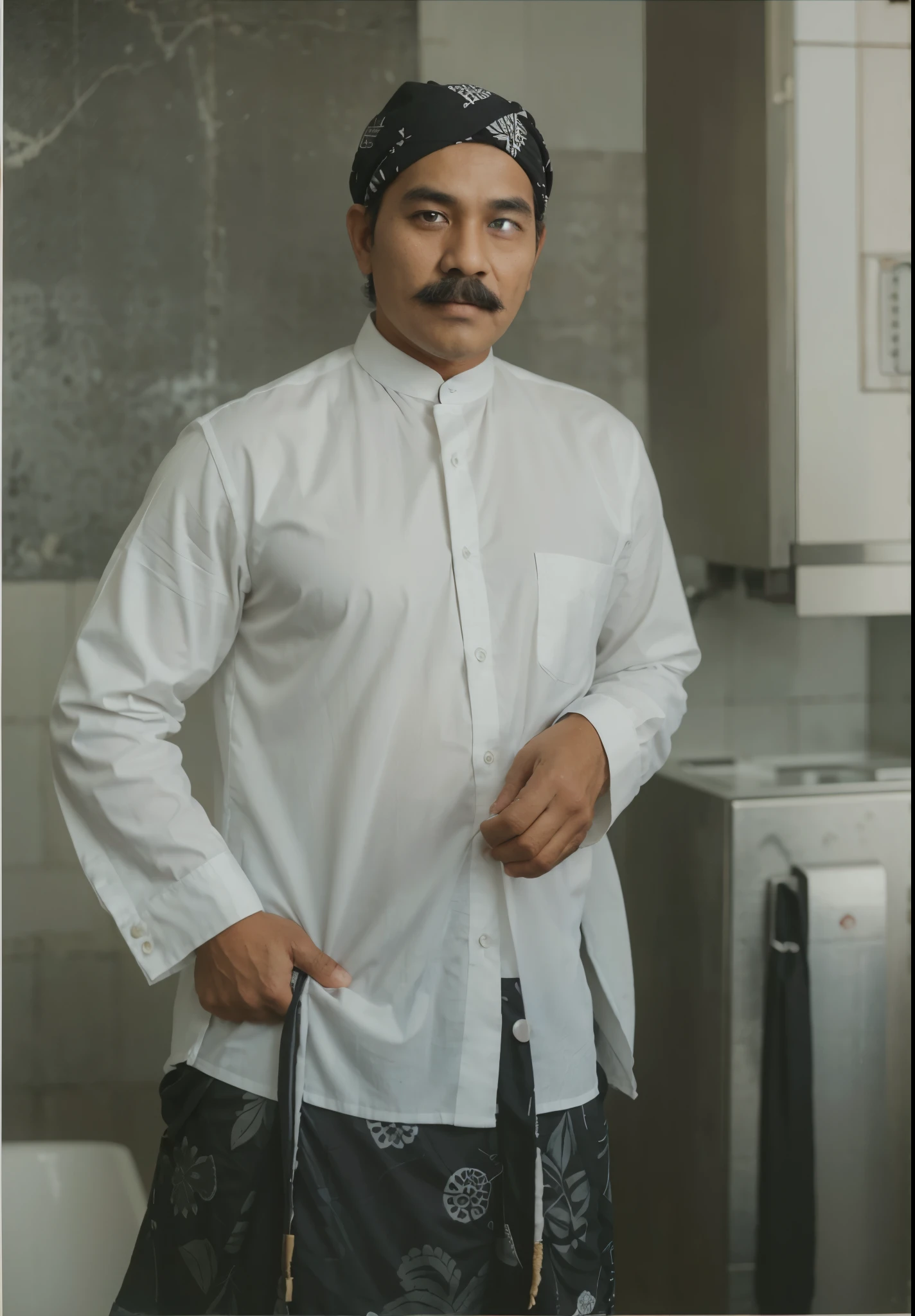 portrait of a man with a thick black mustache, head covering, white button-up shirt, and black patterned batik sarong, standing