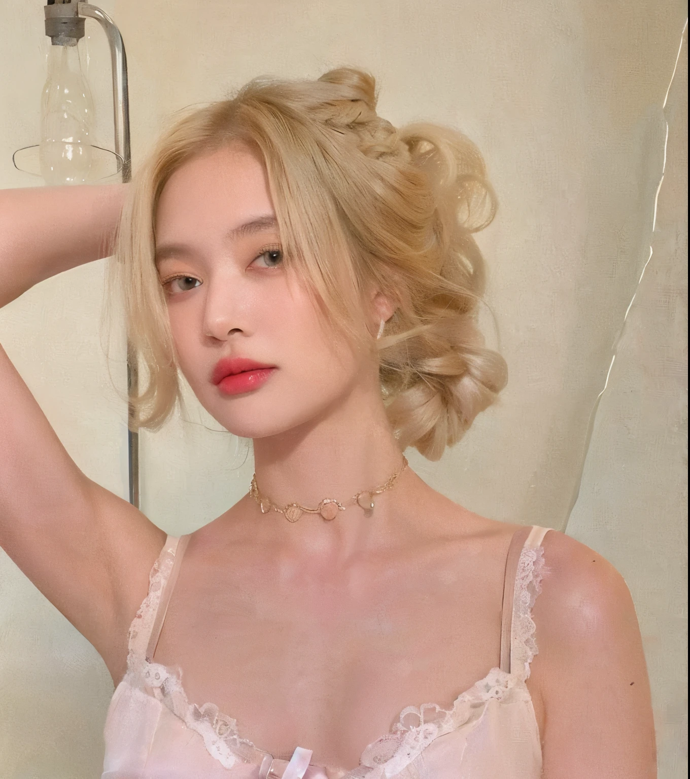 mulher loira de lingerie rosa posando para uma foto na frente de um espelho, Sidney Sweeney, pele clara cabelo loiro cacheado, retrato de Kim Petras, Yelena Belova, uma garota com cabelo loiro, amoranto, pale and glowing skin, with pale skin, Anna Nikonova aka Newmilky, lindo rosto delicado, blonde and attractive features, young beautiful amoranto
