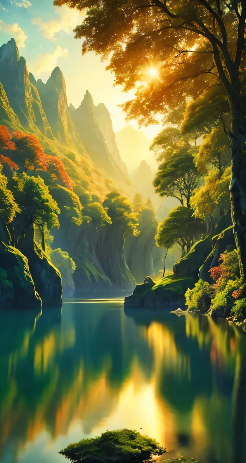 Behold a high quality, extremely detailed CG unity 8k wallpaper of a breathtaking landscape oil painting. Immerse yourself in the intricately depicted scene of verdant hills, tranquil water bodies, and towering trees. The play of sunlight filtering through the foliage, shimmering on the still water, and casting long, delicate shadows adds to the captivating allure of this masterpiece. Appreciate the vibrant colors and the minute details that come to life in this exquisite digital artwork. No human presence tarnishes the pure, untouched beauty of nature in this serene, award-winning scenery. (Fine details: 1.5