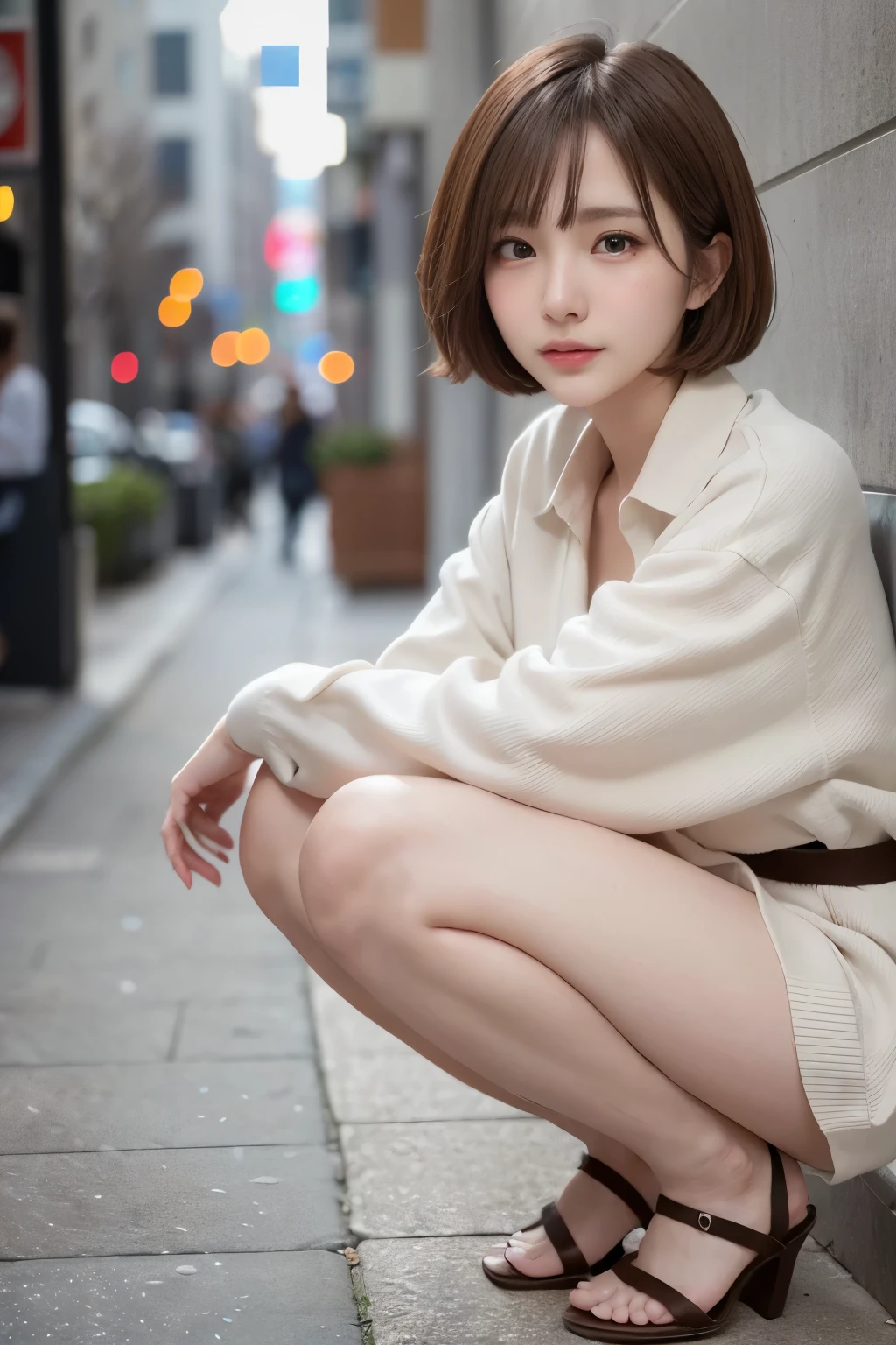 ((8k、RAW photo、highest quality、masterpiece)、High-resolution RAW color photos、professional close-up photography、(real、photorealism: 1.37)、(highest quality)、(best shadow)、(best illustrations)、Ultra-high resolution resolution、High-definition CG integrated 8K wallpaper、physically based rendering、movie writing)、20 year old Japanese girl、(stainless steel collar coat、white shirt、Brown pencil skirt、necklace、earrings)、Eyes with beautiful details、Light Face、((full body shot:1.2))、particularly strong light、(superior、grin:1.2)、Skin luster、(((brown hair、short hair:1.2)))、(thick thighs) 、shy、(flash: 1.2)、NSFW 、(It's swollen)、((seductive posture: 1.2、Charm: 1.2))、(sitting on the city street)、((good anatomy: 1.2))、((bright and refreshing) 、background blur: 1.2))、perfect face、cute face、(low angle shot: 1.2)、small breasts: 1.2、small hips: 1.2、squat、fold your arms、Pin-high heel sandals