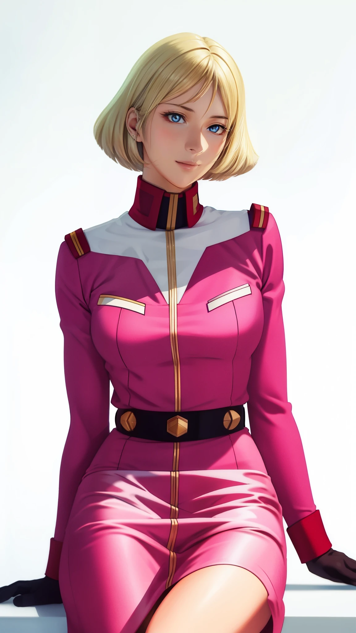 1 girl,raw photo、8K、realistic、shiny skin、 Sayla Mass, elegant, table top, Complex, パンツが見えそうな超ミニskirtのアーミーピンクの制服ワンピース、超ミニskirt ミニスカではパンツが見えます、white panties、realistic, highest quality, With White Base and Mobile Suit Gundam in the background、absurd, high facial detail, perfect eyes, 18-year-old, cowboy shot, realization、, Bright colors, pink uniform, skirt