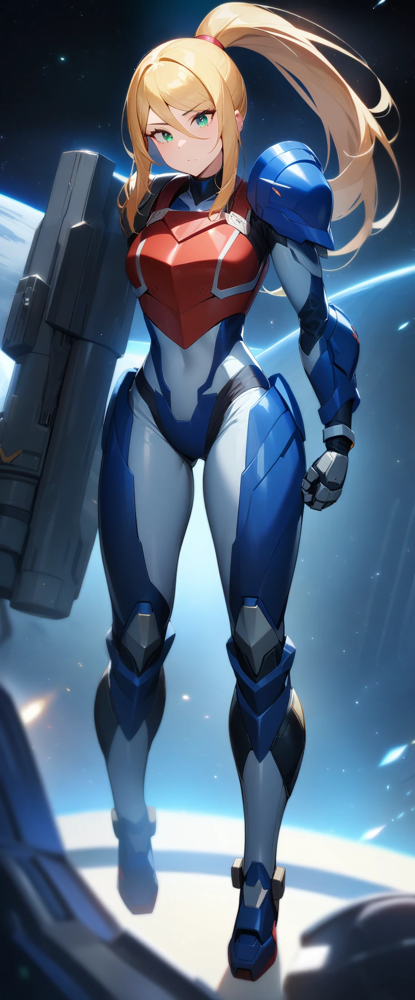 1girl,Samus aran,solo,green eyes,blonde hair,white and blue power armor,ponytail,upright,((red chest armor)),blue big_shoulder armor,arm_cannon,full body,in space ship,standing,Science fiction,ultra-detailed,sharp focus,aesthetic,(best quality)