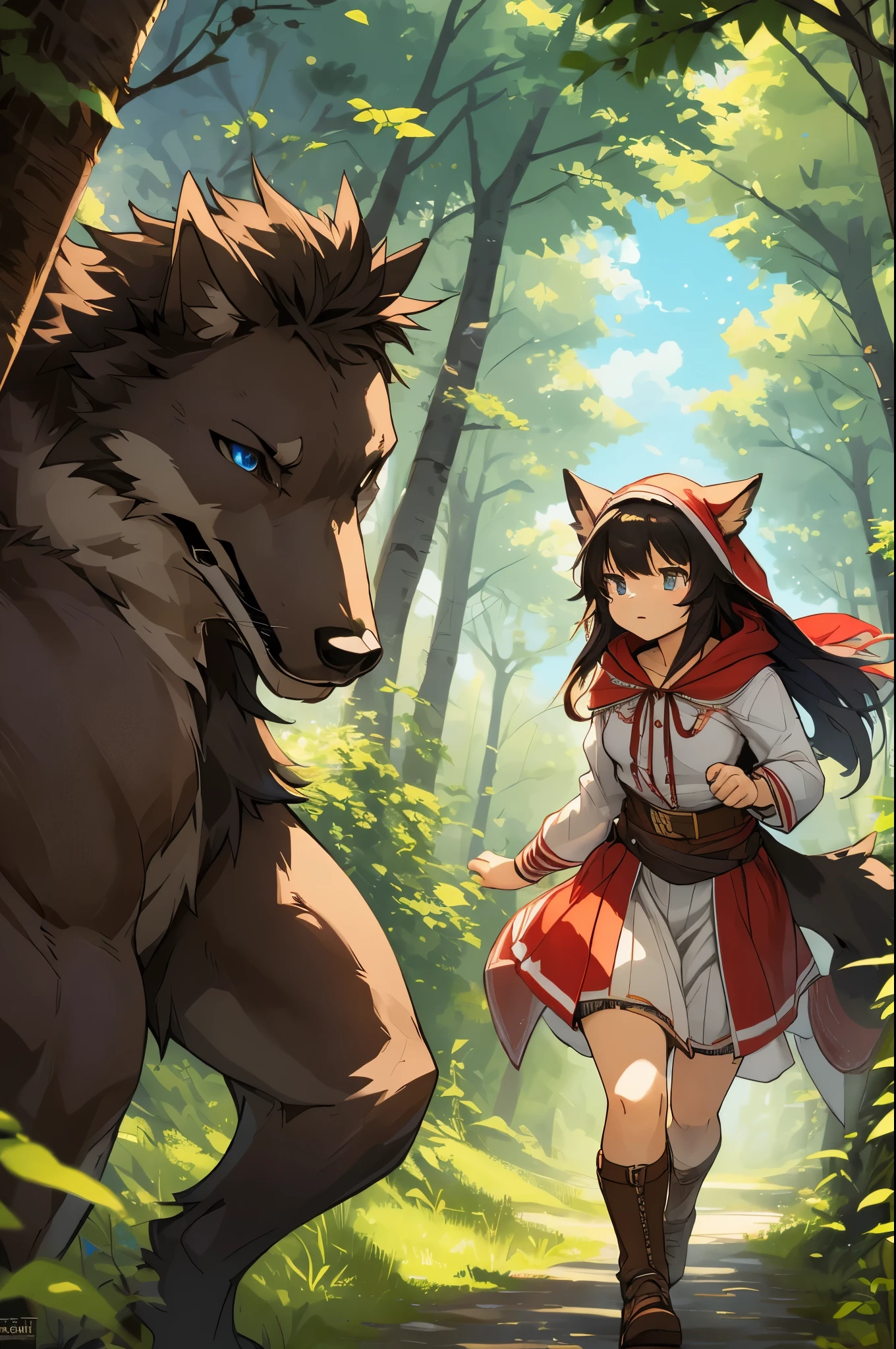 top quality, best quality, High-quality illustrations, masterpiece, super high resolution, detailed background, Little Red Riding Hood, forest, A wolf chases a girl, 6+boys, 6+girls, absurdres(highly detailed beautiful face and eyes)perfect anatomy, expression, good lighting, cinematic shadow(kemono, furry anthro)assorted poses, dynamic angle,