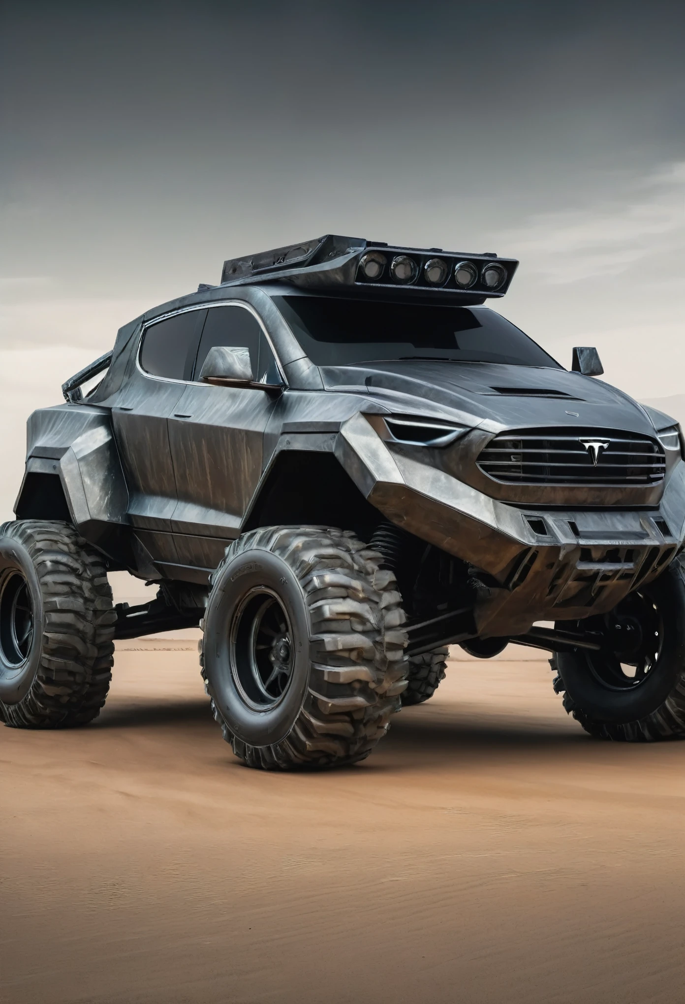 off-road vehicle, sujo de lama, enferrujado, estilo madmax, espinhos de ferro por toda lataria, futurista, Pintura reflexiva, semelhante a o tesla truck, long front hood, Vidros transparente, rodas grandes e brilhantes, ultrarrealista, 8k, noite, dentro de uma garagem com paredes de metal preta, apocalipse