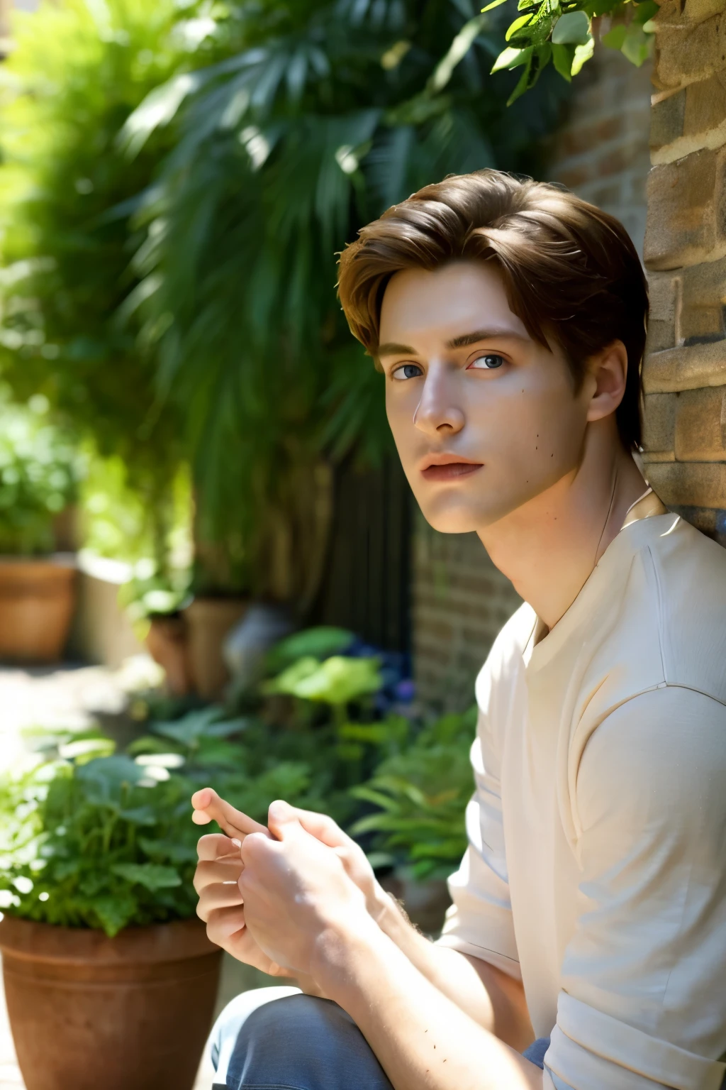 masterpiece, best quality, 1 male, adult, handsome, tall muscular guy, broad shoulders, finely detailed eyes and detailed face, extremely detailed CG unity 8k wallpaper, intricate details, best ratio four finger and one thumb, best light and shadow, background is back alley, detasiled sunlight, sitting, Little cats are gathered next to him, dappled sunlight, day, plants, summer, depth of field