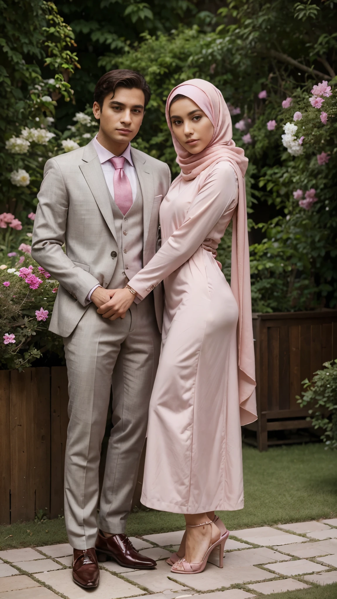 Best quality, high resolution, (masterpiece: 1.3), 1 girl and 1 man, girl in pink hijab,long dress,and heels,  man in suit and shoes, detailed face features, detailed clothes, garden background