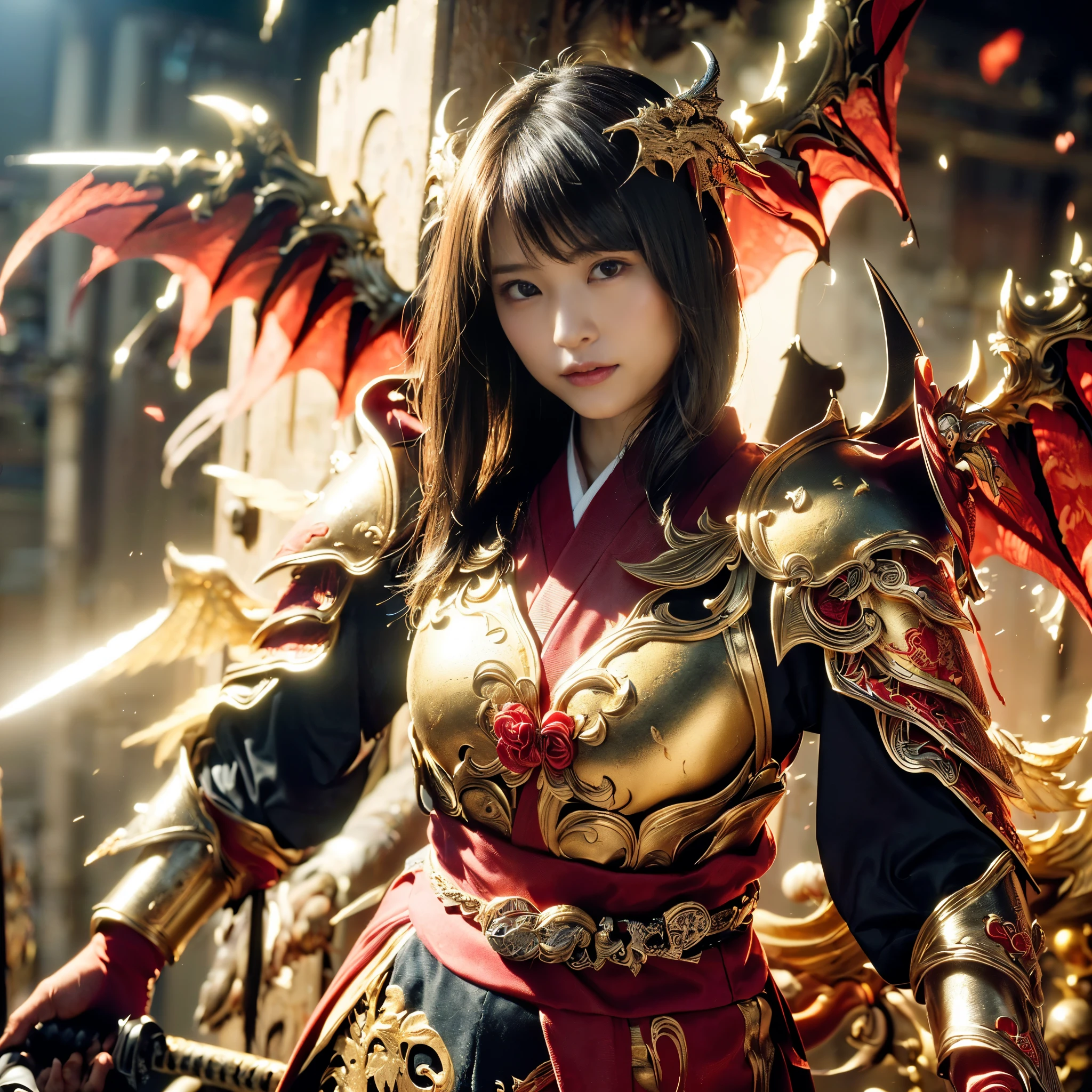 (((Realistic, masterpiece, best quality, crisp detail, high definition, high detail, very rich detail, sharp focus, sharp detail, colorful, perfect studio lightning))), ((20 years old goddess, kasumi arimura)),(((in the middle of war, epic war scene, attack stance))), wearing (((beautiful decorated golden heavy armor, dragon armor, decorated full body armor, fully armored beautiful kimono, wide golden wings))), (flying, swinging katana, blood scattered face, blood tears, blood bath, blood shed), (((fire everywhere, blood everywhere, death everywhere, japan bakumatsu period, dead bodies,carcass,burned japanese castle,hellish,chaos)) traditional village background)