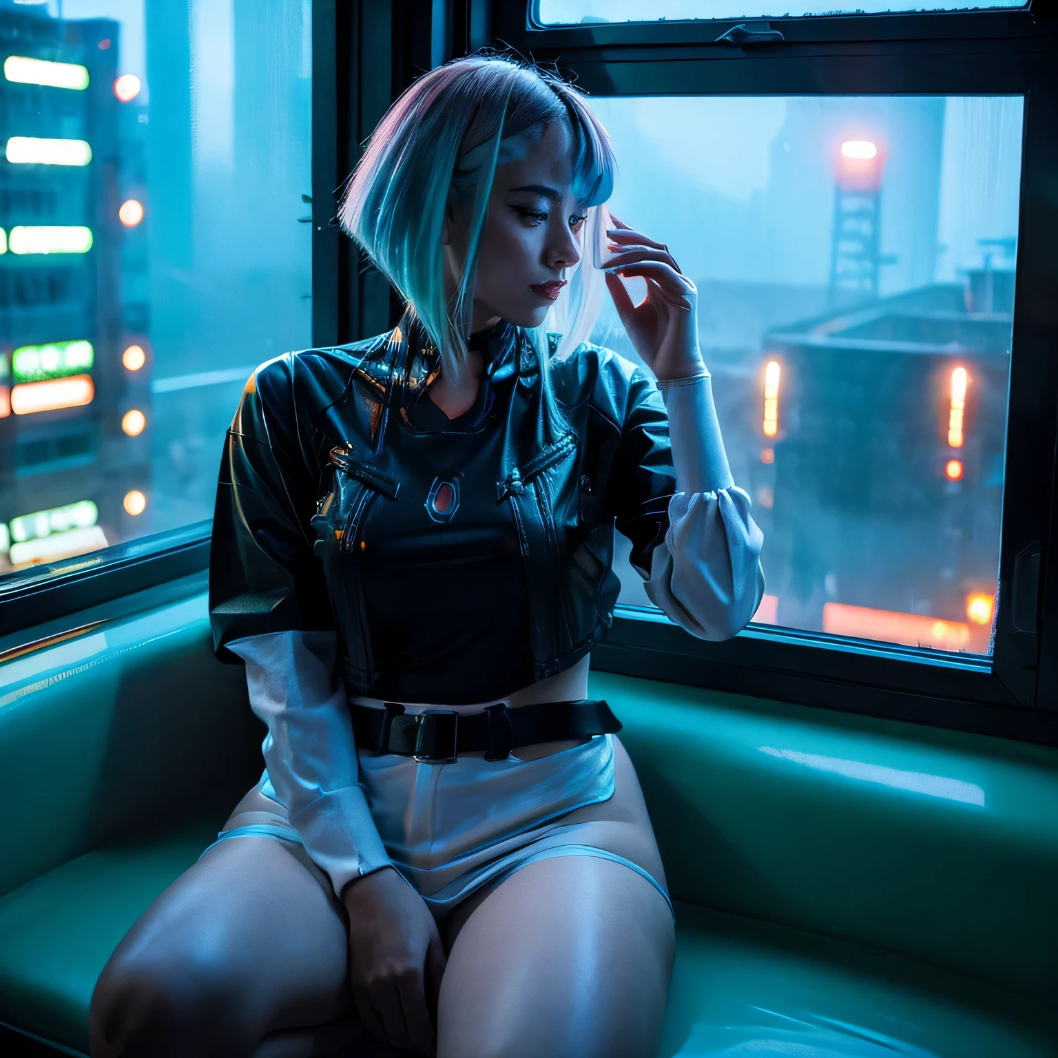 Lucy from cyberpunk, raining, foggy window, rain on window, looking out of window, casual clothes, thick thighs, sitting down 