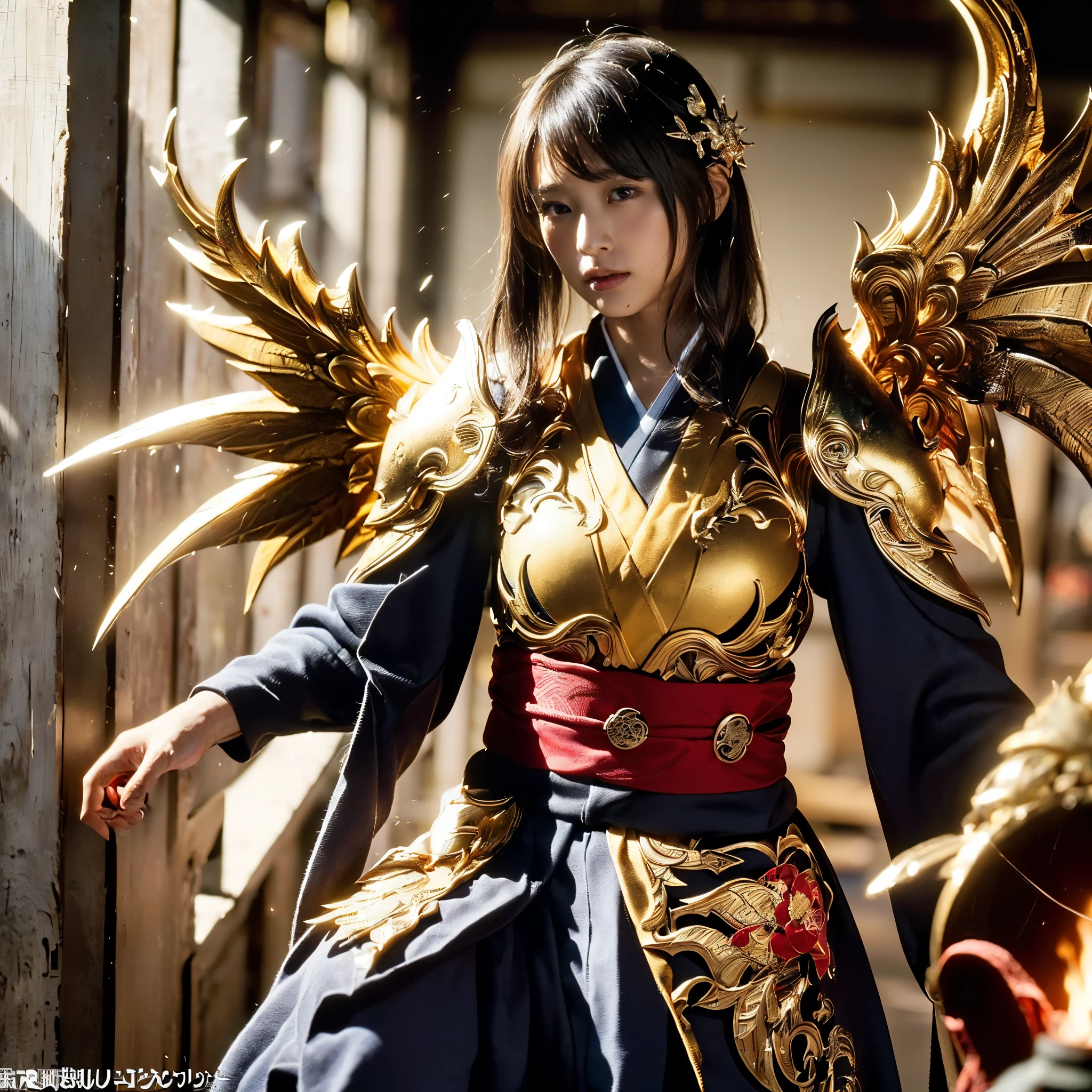 (((Realistic, masterpiece, best quality, crisp detail, high definition, high detail, very rich detail, sharp focus, sharp detail, colorful, perfect studio lightning))), ((20 years old goddess, kasumi arimura)),(((in the middle of war, epic war scene, attack stance))), wearing (((beautiful decorated golden heavy armor, dragon armor, decorated full body armor, fully armored beautiful kimono, wide golden wings))), (flying, swinging katana, blood scattered face, blood tears, blood bath, blood shed), (((fire everywhere, blood everywhere, death everywhere, japan bakumatsu period, dead bodies,carcass,burned japanese castle,hellish,chaos)) traditional village background)
