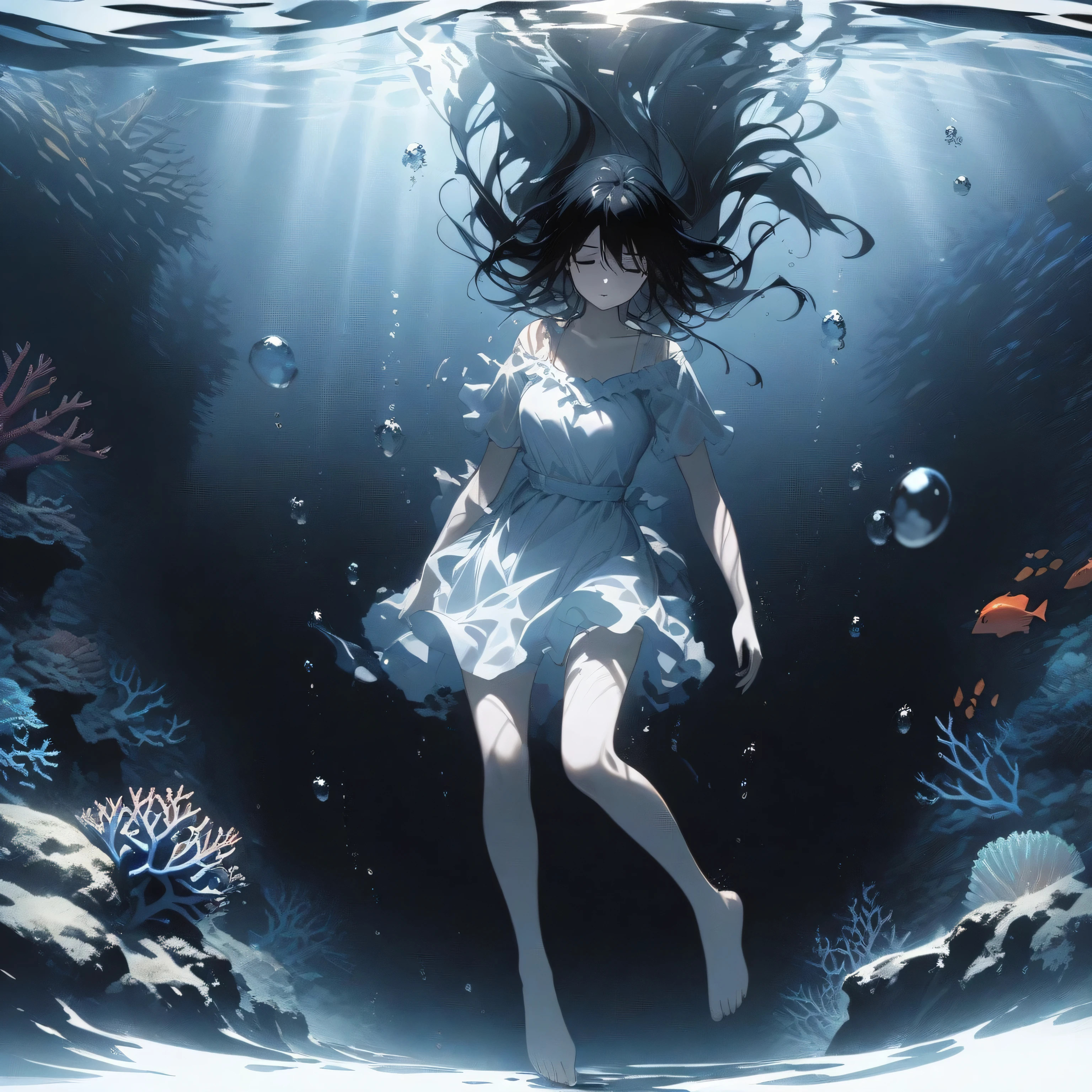 1girl、black hair、Close ~ eyes、barefoot、Floating in water、sink in water、drowning、Bubble、deep sea、Black Sea、coral、Image of a woman floating in water with flowing hair、Visual distortion underwater、dramatic artwork、deep shadows、highest quality、masterpiece