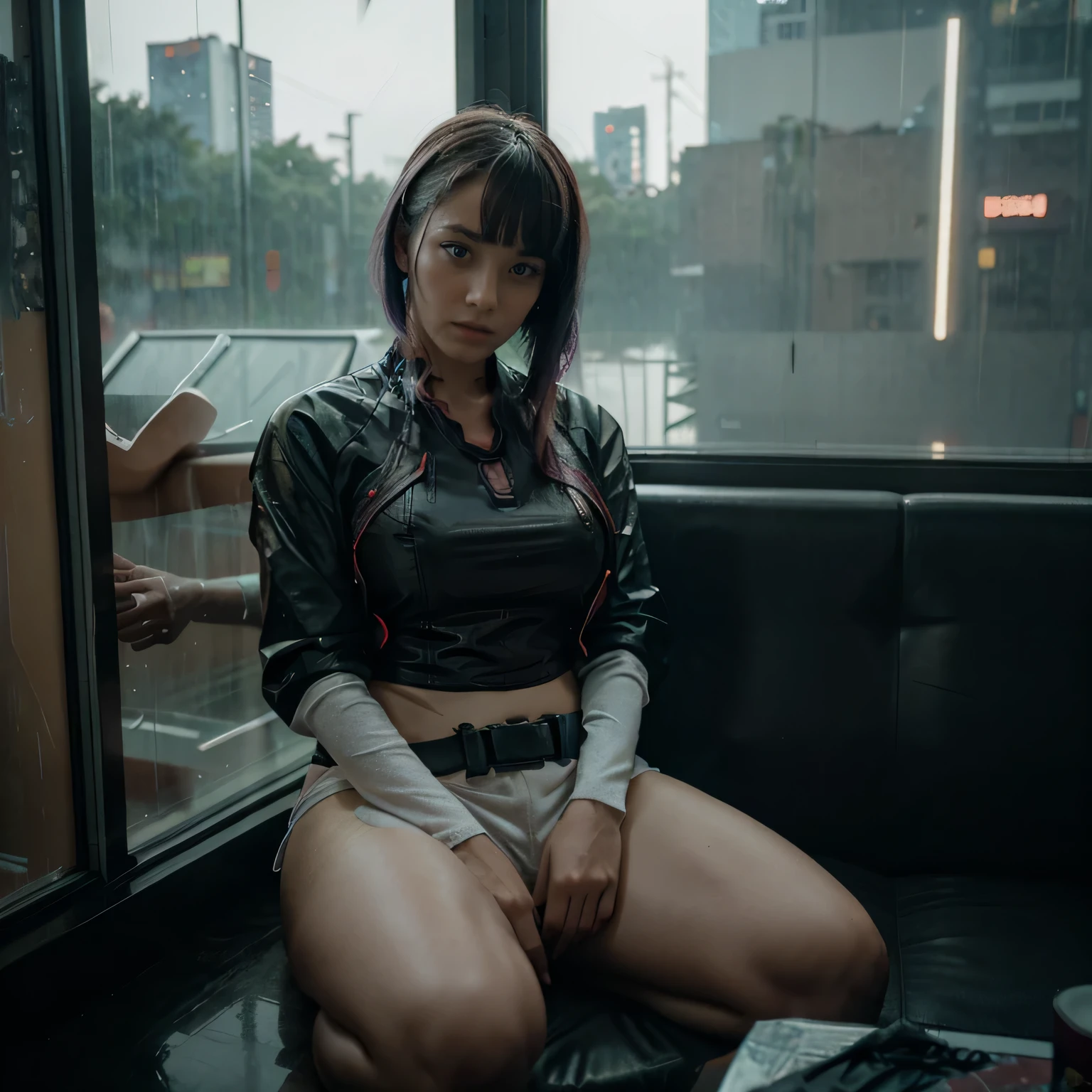 Lucy from cyberpunk, Asian girl, raining, foggy window, rain on window, looking out of window, casual clothes, thick thighs, sitting down 