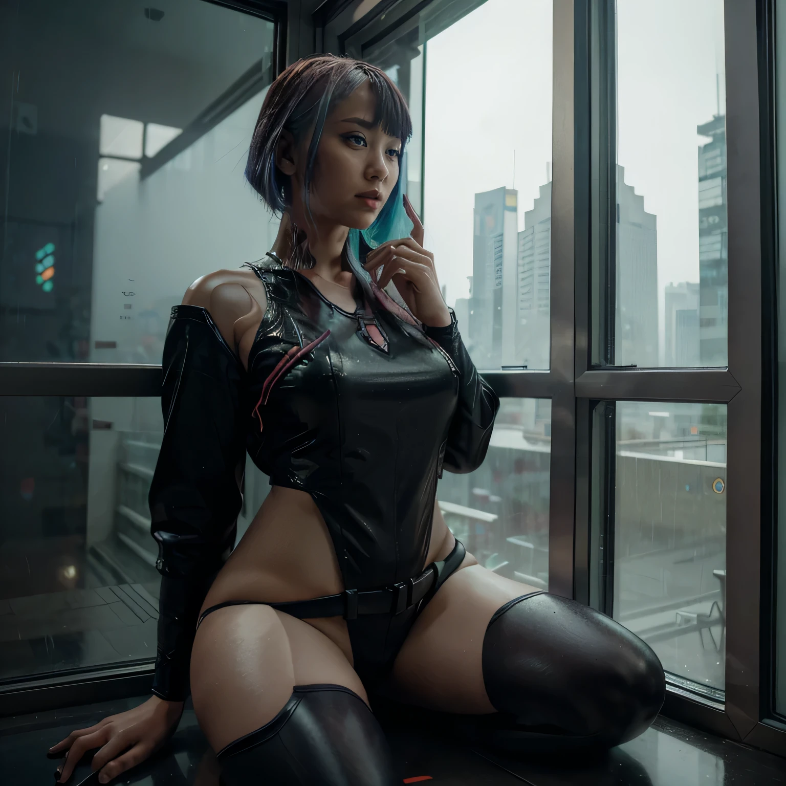 Lucy from cyberpunk, Asian girl, raining, foggy window, rain on window, looking out of window, casual clothes, thick thighs,