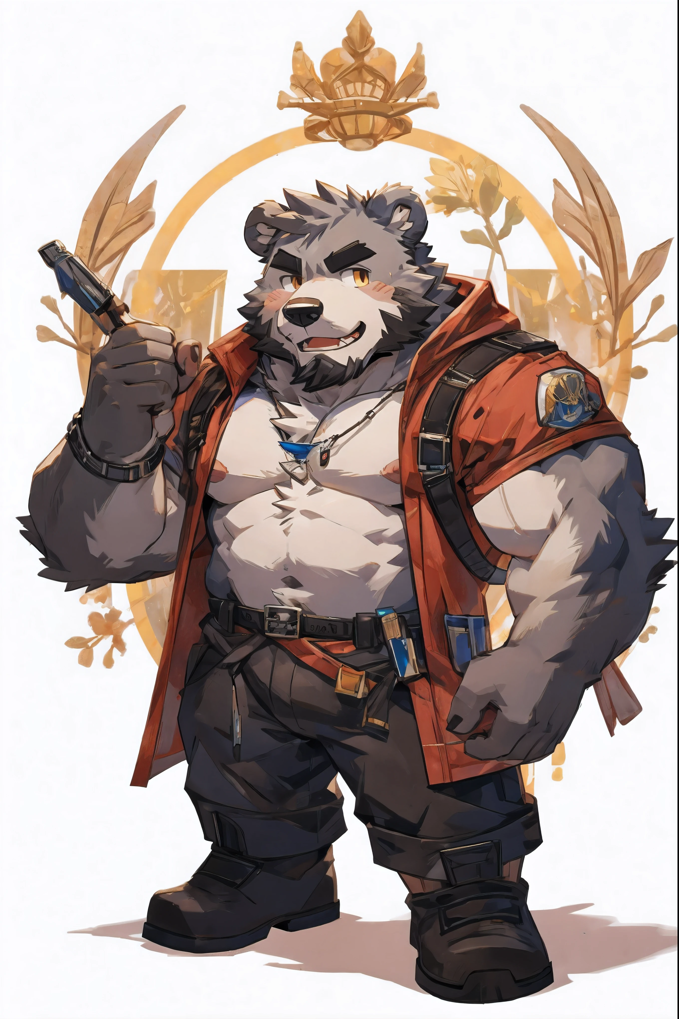 (masterpiece:1.2), best quality,pixiv,official art, (1_male:1.3), (solo:1.2) , portrait , (muscle), (gray fur:1.4), (muscle bear), (bear tail), (beard:1.2), (gleaming golden eyes), Thick black eyebrows, open hoodie, naked inside, cargo shorts, boots, (white background:1.3) , Chibi version, chibi charater,(chibi:1.3),(cute:1.2)