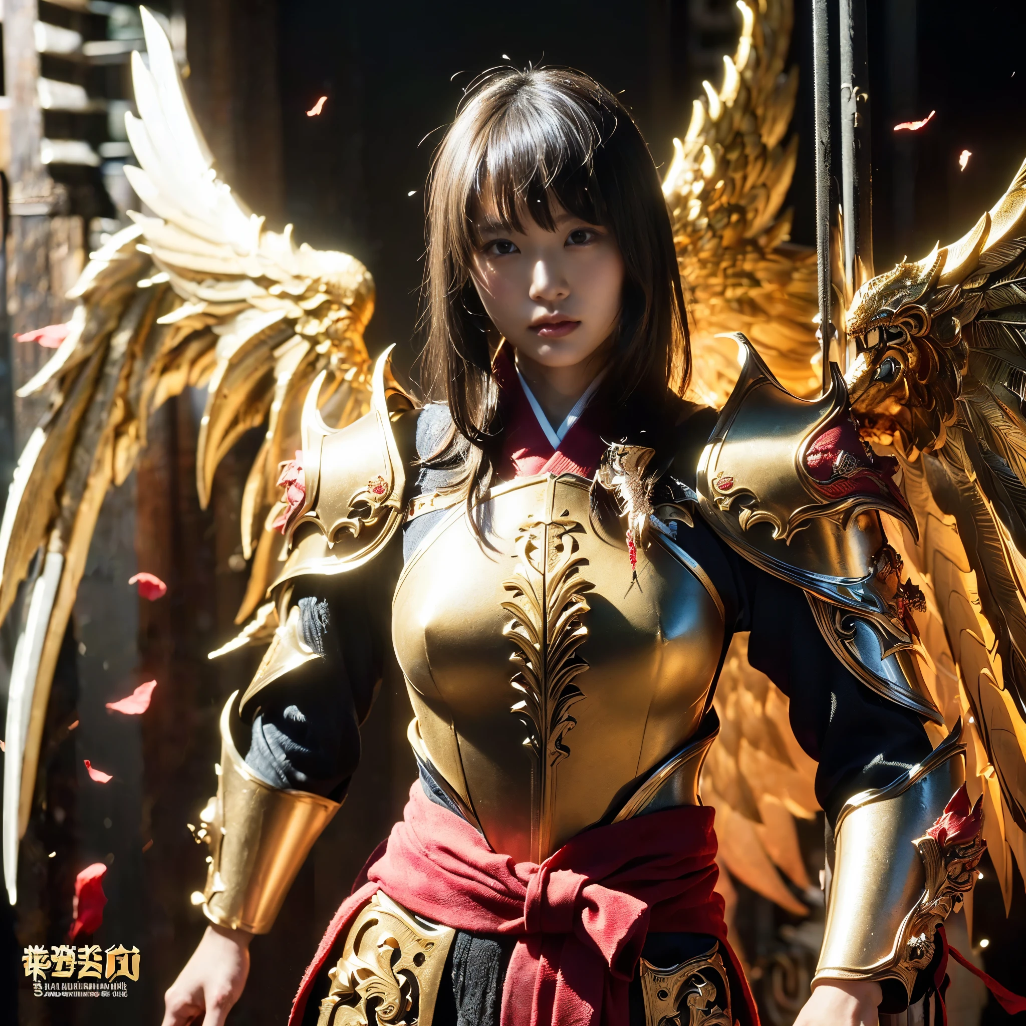 (((Realistic, masterpiece, best quality, crisp detail, high definition, high detail, very rich detail, sharp focus, sharp detail, colorful, perfect studio lightning))), ((20 years old goddess, kasumi arimura)),(((in the middle of war, epic war scene, attack stance))), wearing (((beautiful decorated golden heavy armor, dragon armor, decorated full body armor, fully armored beautiful kimono, wide golden wings))), (flying, swinging katana, blood scattered face, blood tears, blood bath, blood shed), (((fire everywhere, blood everywhere, death everywhere, japan bakumatsu period, dead bodies,carcass,burned japanese castle,hellish,chaos)) traditional village background)