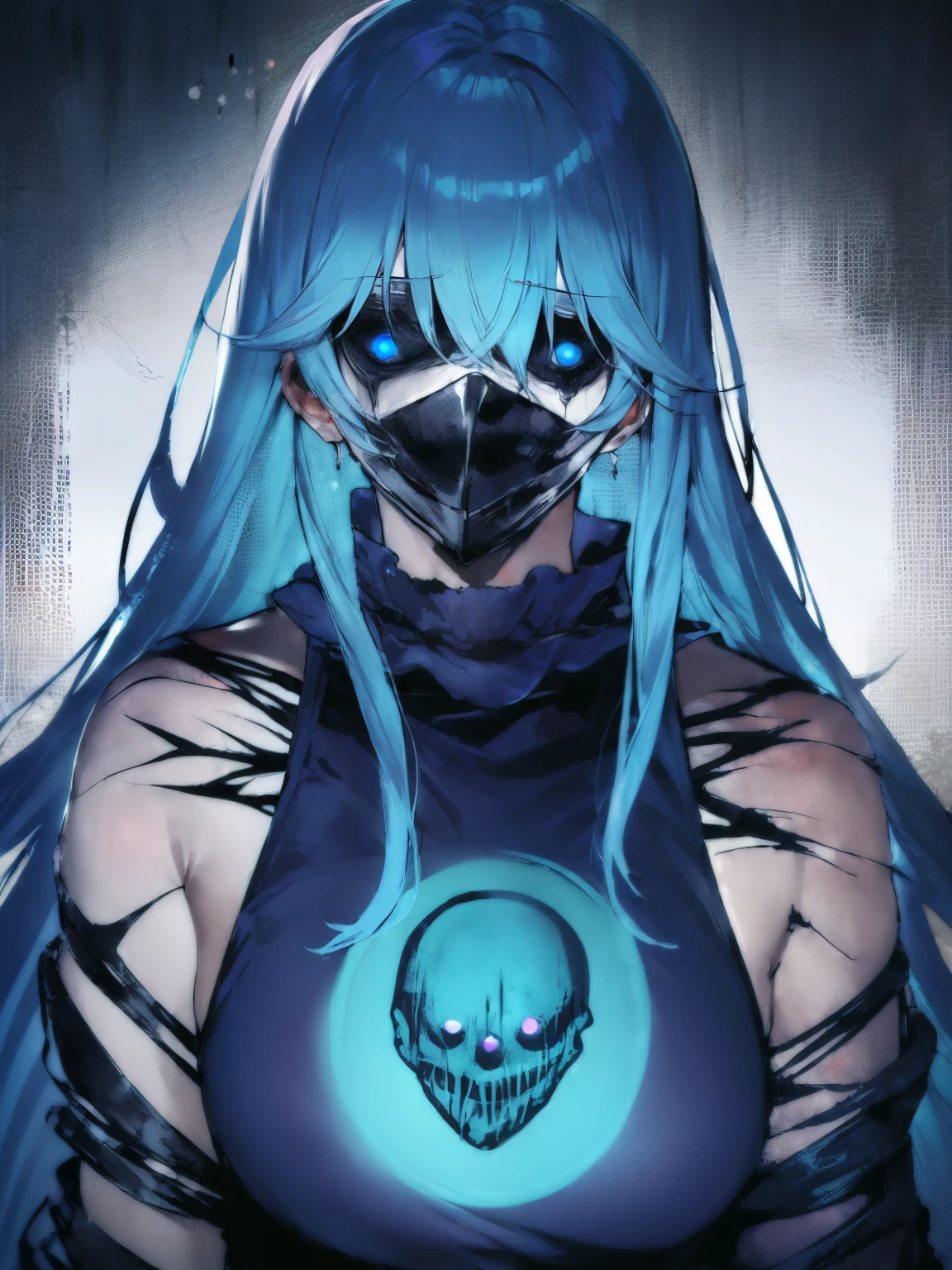 ((horror \(theme\):1.9)), ((full_mask, covered mouth, no human, covered eyes, tears, glowing, scar, helmet)), long hair, blue hair, turtleneck,