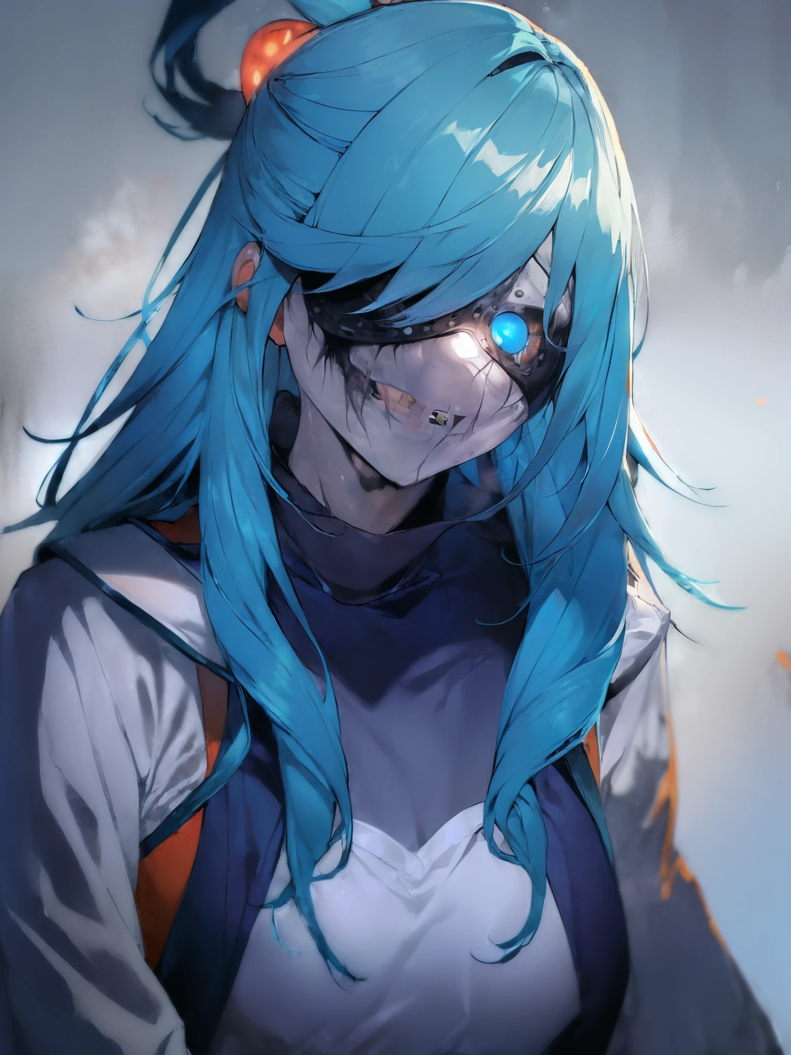 
((horror \(theme\):1.9)), ((full_mask, covered mouth, no human, covered eyes, tears, glowing, scar, helmet)), long hair, blue hair, turtleneck, 