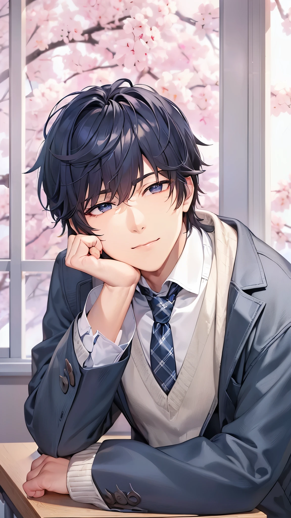 a handsome guy、serious expression、please close your mouth、student uniform、A classroom where you can see cherry blossoms from the window、manly、Highly Detailed CG Unity 8K Wallpaper, (super masterpiece, beautiful person, well detailed face polluted smile, It's photorealistic, hyper realistic)cool and cool face