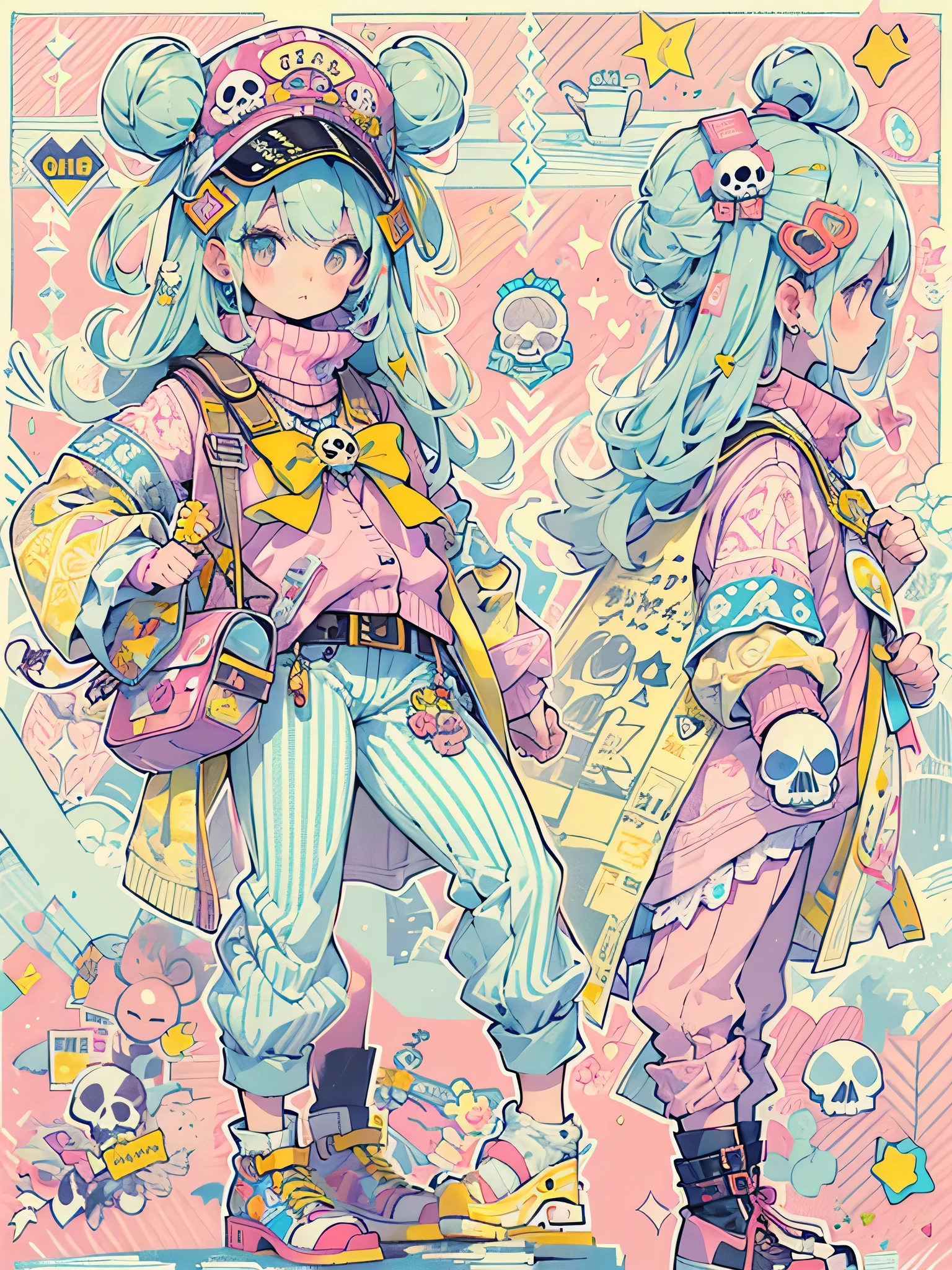 akira toriyama style、"cute, beautiful, Adorable girl wearing pink clothes, yellow, and baby blue color scheme. She is wearing a costume with a SKULL motif inspired by a female pirate.。.。.。.。.。.。.... Fashionable hats, rock、Comes with decorative accessories such as hair clips. Embodying the vibrant and modern Harajuku fashion style。."
