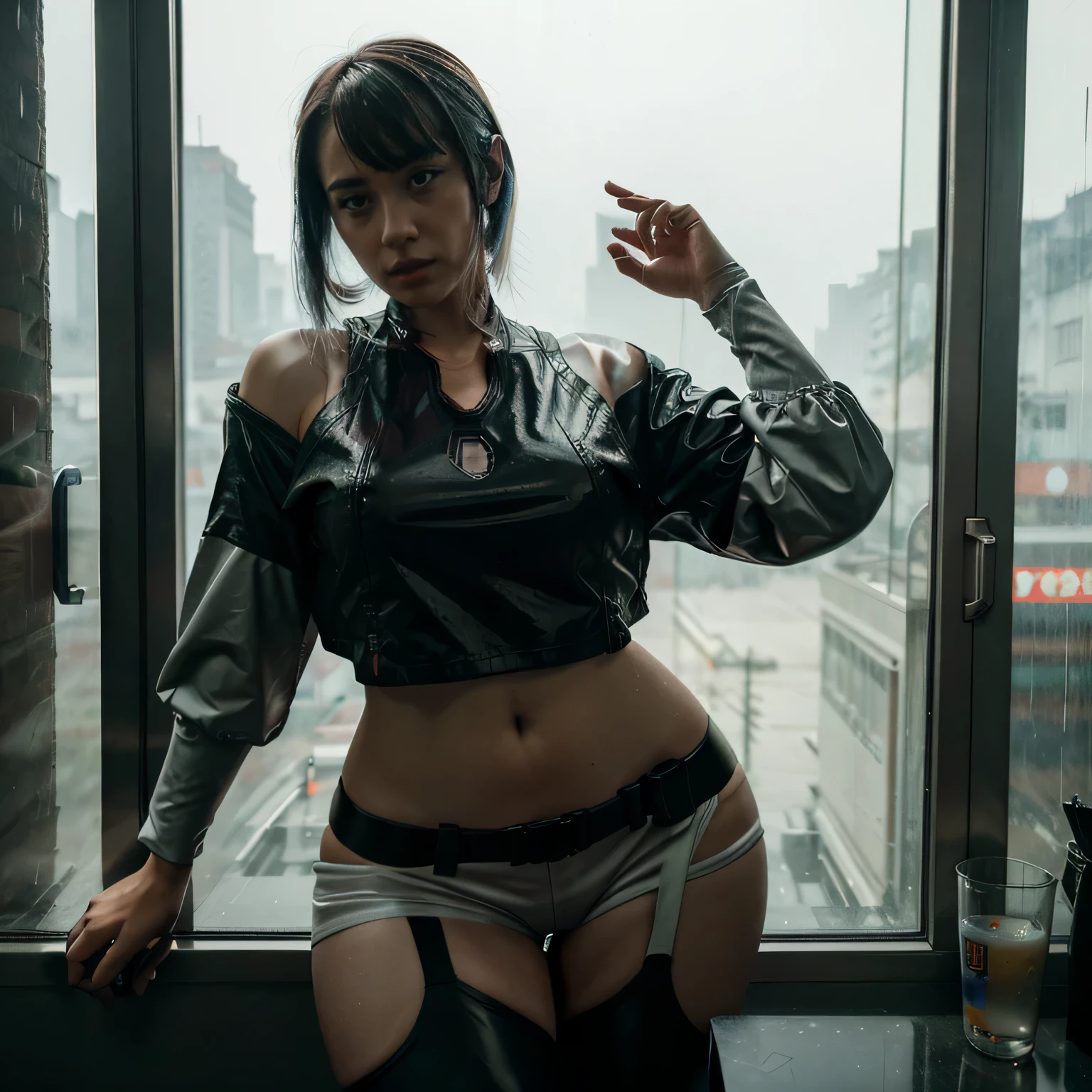 Lucy from cyberpunk, Asian girl, raining, foggy window, rain on window, looking out of window, casual clothes, thick thighs,