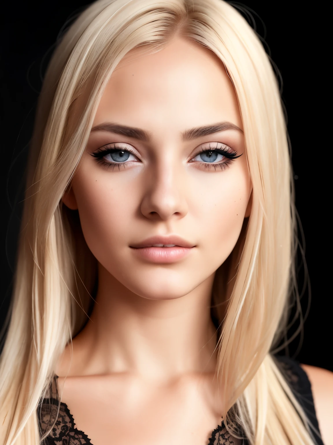 frontal headshot of 25yo european woman, blond hair, posing, (incredible skin detail:1.4), (natural skin:1.2), (pores:0.6), make up, (detailed iris:1.2),Makeup black, eye-liner black, blouse, black background, studio, rim light, dark atmosphere, (bokeh:1.2), photograph, cinematic, photorealistic, ultrarealistic 