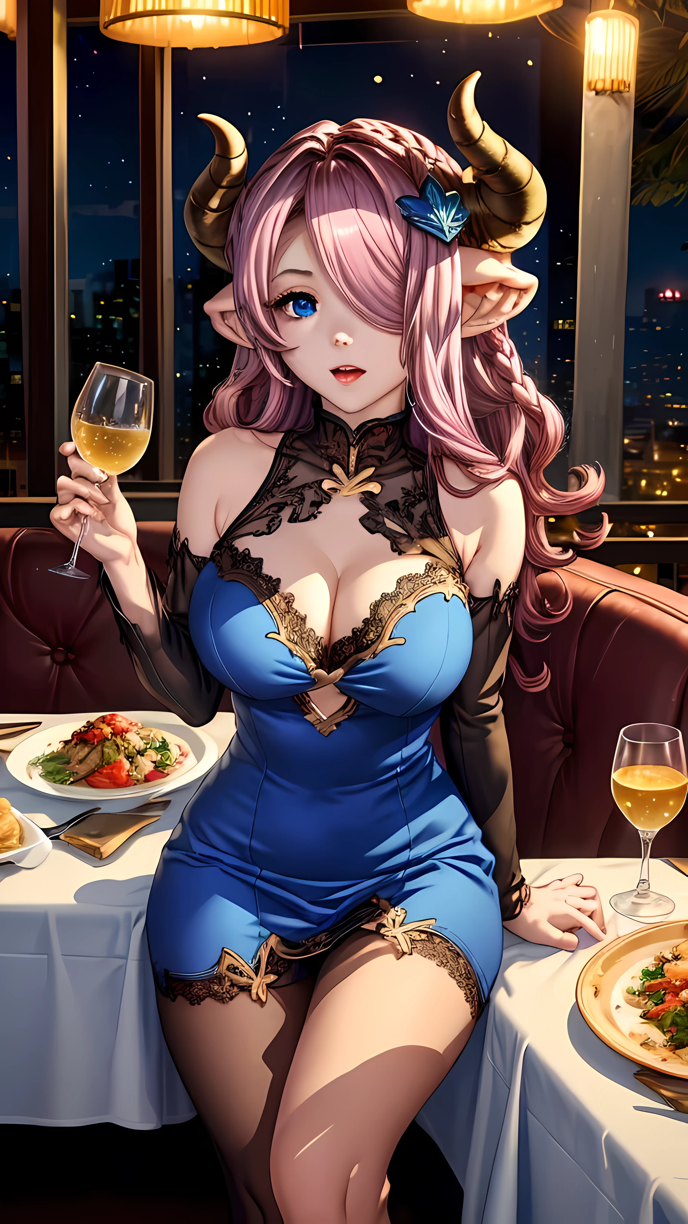 Narmaya is on a romantic dinner date with you at a fancy seafood restaurant. She is looking at you from across the table with a loving expression on her face. Narmaya is wearing an elegant blue v cut dress and gold jewelry.

(masterpiece), best quality, expressive eyes, perfect face, narmaya, , shortstackBT, pink hair, hair over eye, blue eyes, from the front, looking at viewer, seafood restaurant, dinner date, romantic dinner, lace dress, elegant dress, blue dress, cleavage, v cut dress, gold jewelry, narmaya