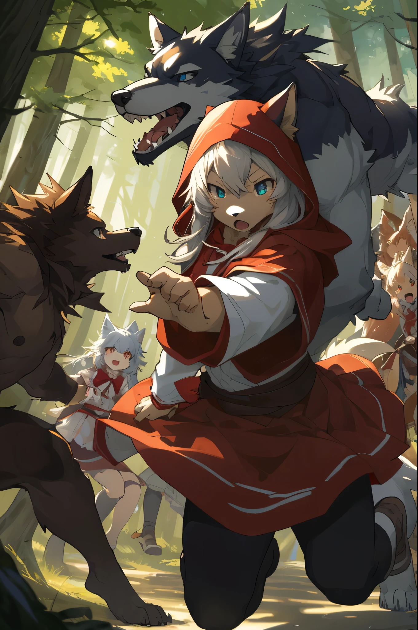 top quality, best quality, High-quality illustrations, masterpiece, super high resolution, detailed background, Little Red Riding Hood, forest, A wolf chases a girl, 6+boys, 6+girls, absurdres(highly detailed beautiful face and eyes)perfect anatomy, expression, good lighting, cinematic shadow(kemono, furry anthro)assorted poses, dynamic angle,