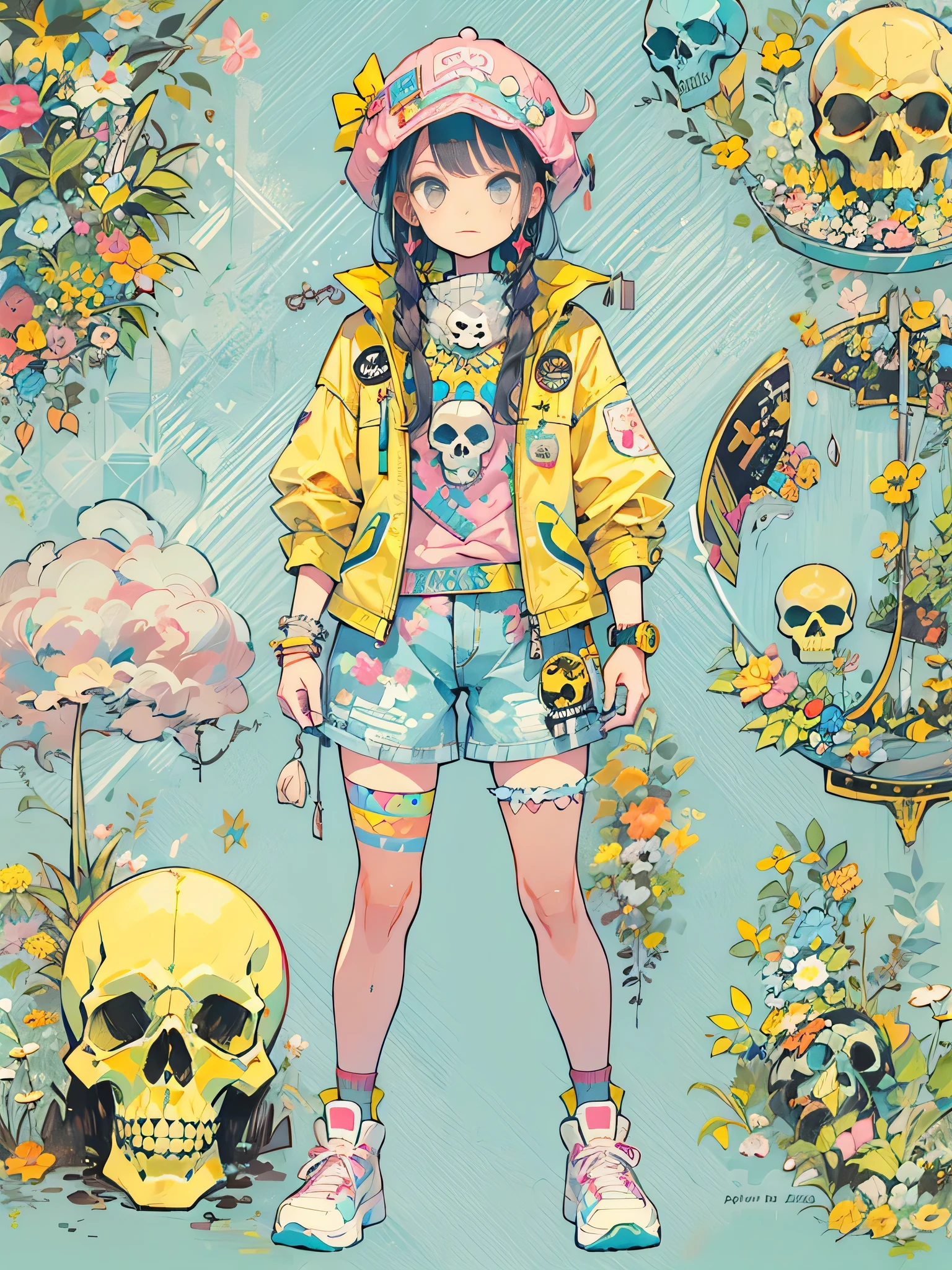 Fujio Akatsuka Style、"cute, beautiful, Adorable girl wearing pink clothes, yellow, and baby blue color scheme. She is wearing a costume with a SKULL motif inspired by a female pirate.。.。.。.。.。.。.... Fashionable hats, rock、Comes with decorative accessories such as hair clips. Embodying the vibrant and modern Harajuku fashion style。."