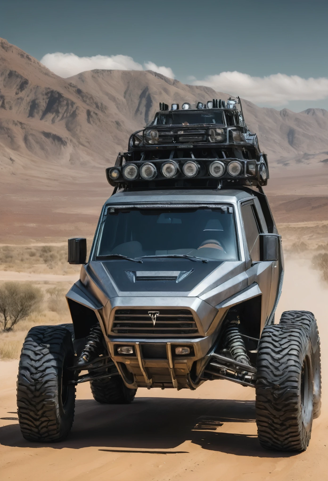 off-road vehicle, sujo de lama, enferrujado, estilo madmax, espinhos de ferro por toda lataria, futurista, Pintura reflexiva, semelhante a o tesla truck, long front hood, Vidros transparente, rodas grandes e brilhantes, luzes acesas, ultrarrealista, 8k, noite, dentro de uma garagem com paredes de metal preta, apocalipse, lua no horizonte