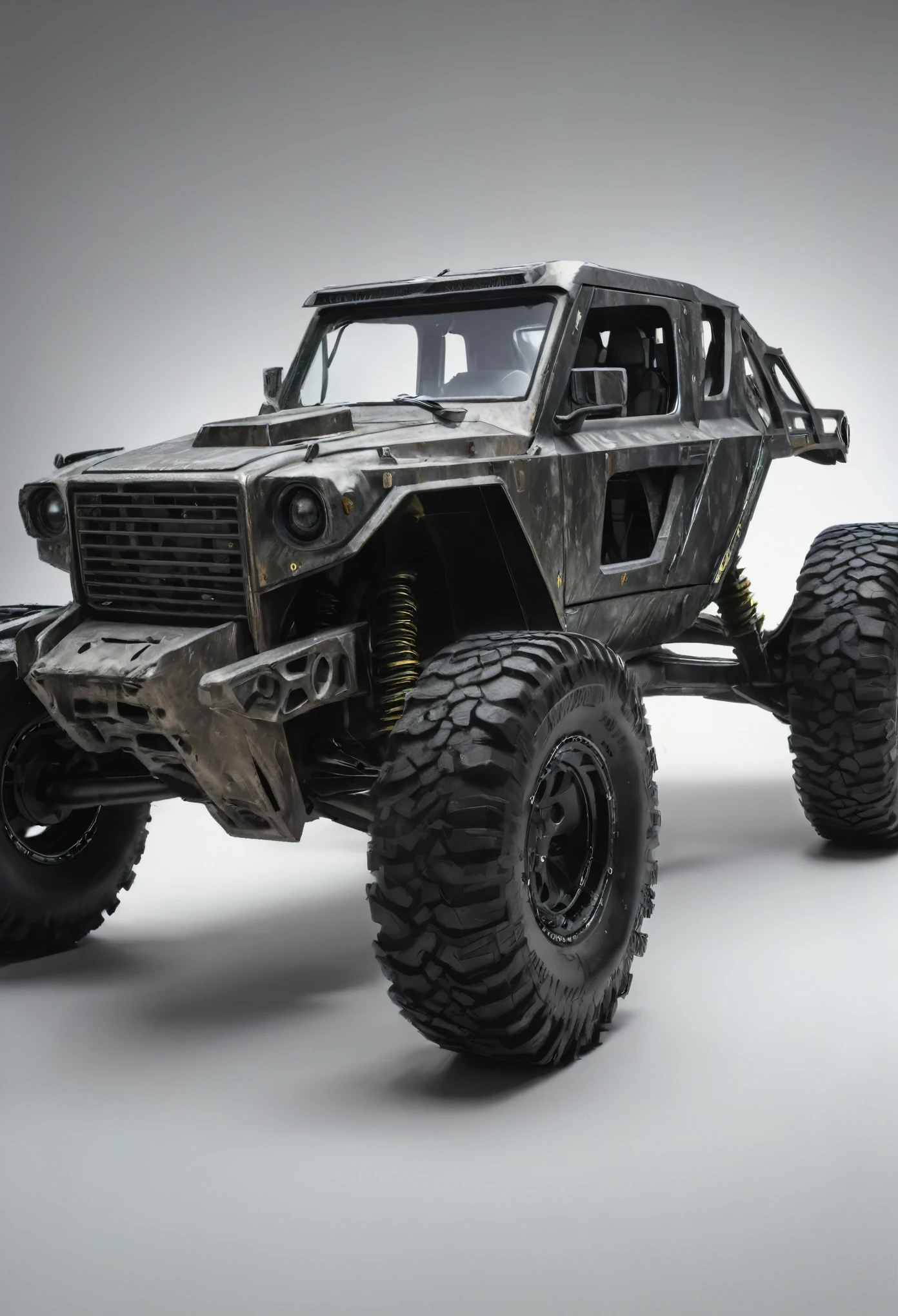 off-road vehicle, sujo de lama, enferrujado, estilo madmax, espinhos de ferro por toda lataria, futurista, Pintura reflexiva, semelhante a o tesla truck, long front hood, Vidros transparente, rodas grandes e brilhantes, luzes acesas,  ultrarrealista, 8k, noite, dentro de uma garagem com paredes de metal preta, apocalipse, lua no horizonte