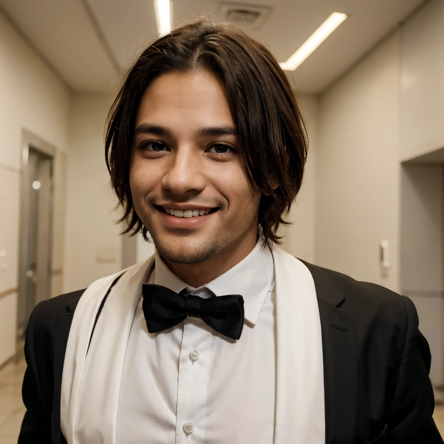 Chico Albino de ojos celestes,cabello corto formal,sonriendo con un traje de color negro formal