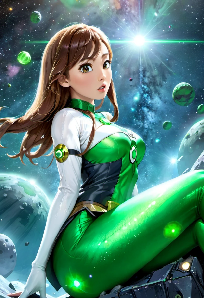 hitomi tanaka, Green Lantern sitting on a research platform floating in the middle of the asteroid belt. she studies with a notebook, surrounded by several asteroids glowing with a fiery aura. Dramatic lighting from distant stars and planets illuminates the scene, casting deep shadows on the costume. The young woman looks confident and determined, looking at the vast and mysterious universe with wonder and respect, facial hair, cowboy shot,