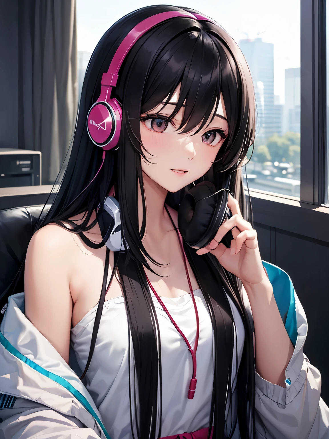 headphone、Listening to music happily、black hair、long hair、woman、