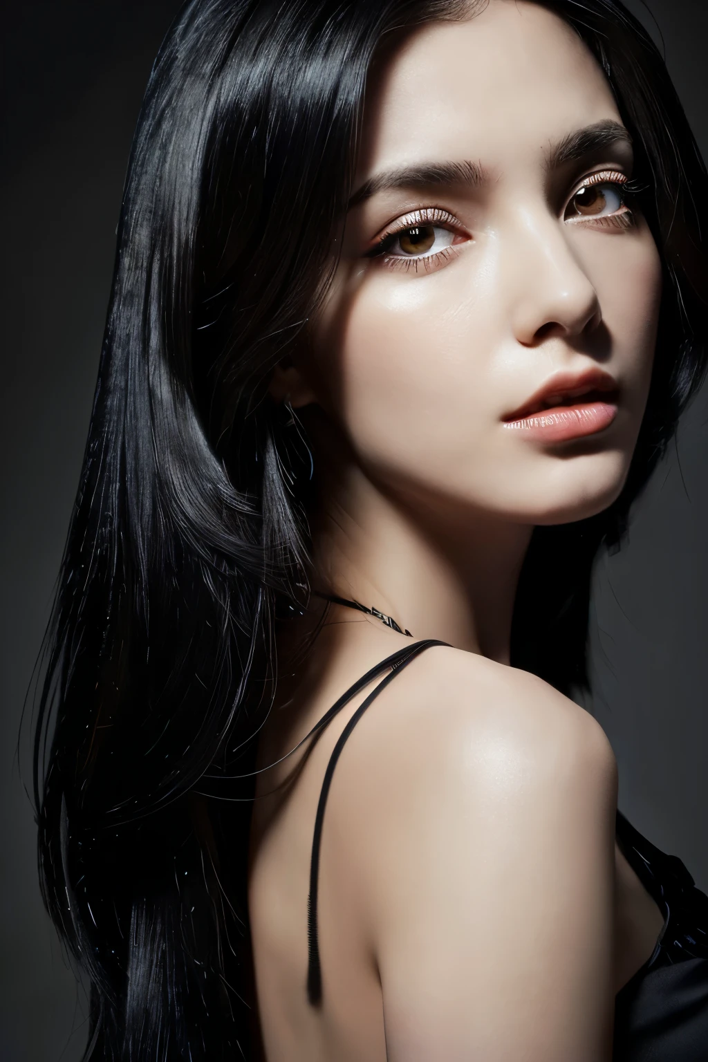 ((((masterpiece, best quality, ultra high resolution)))), 1 girl, standing sideways,black dress, (((black hair, dark black hair over eye:1))), cut long hair, pale skin, ((brown eye)), shine_eye, neon eye, (ultra detailed eye:0.7, Beautiful and dense face, detailed eye:0.9), ((in the center)), silhouette,