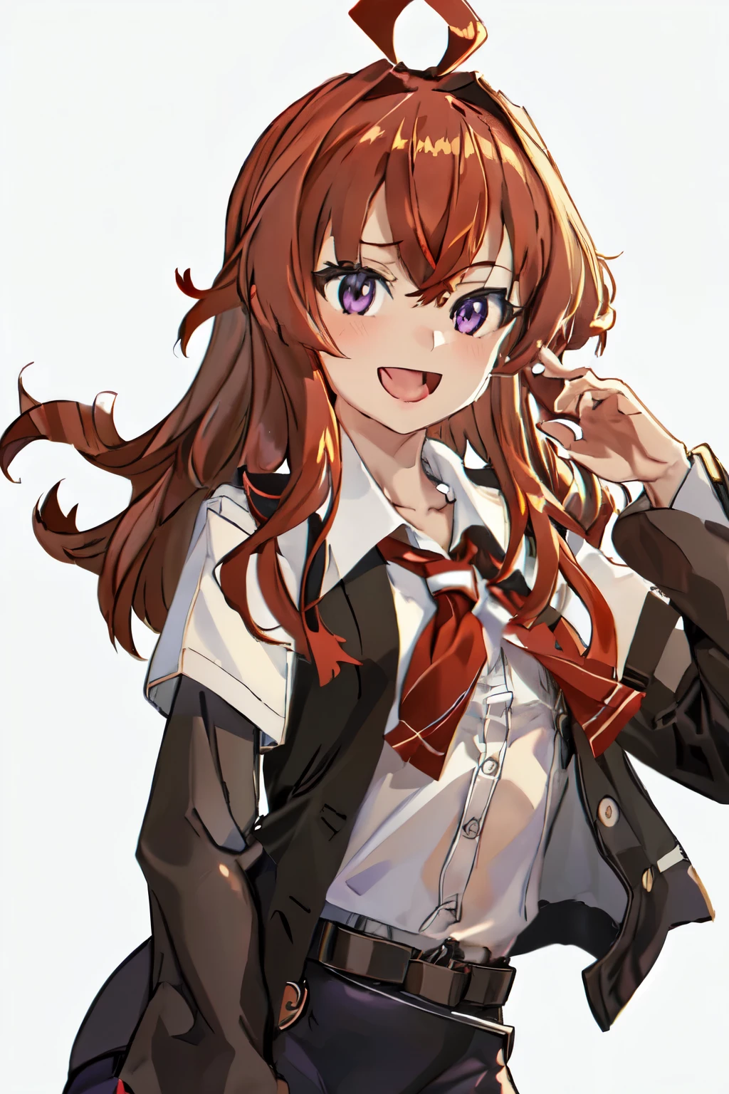 highest quality, masterpiece, High resolution, 一人in, {hagikaze_Fleet Collection:1.15}, length_hair, red_hair, One_~ side_superior, Ahoge, Brown_eye, red面, ribbon, red_ribbon, vest, head_ribbon, smile, chest, black_vest, blouse, Open_mouth, 1 girl, alternine_costume, collarbOne, looking for_in_viewer, simple_background, black_shirt, Jacket, purple_eye, shirt, white_background, :d, Open_Clothes