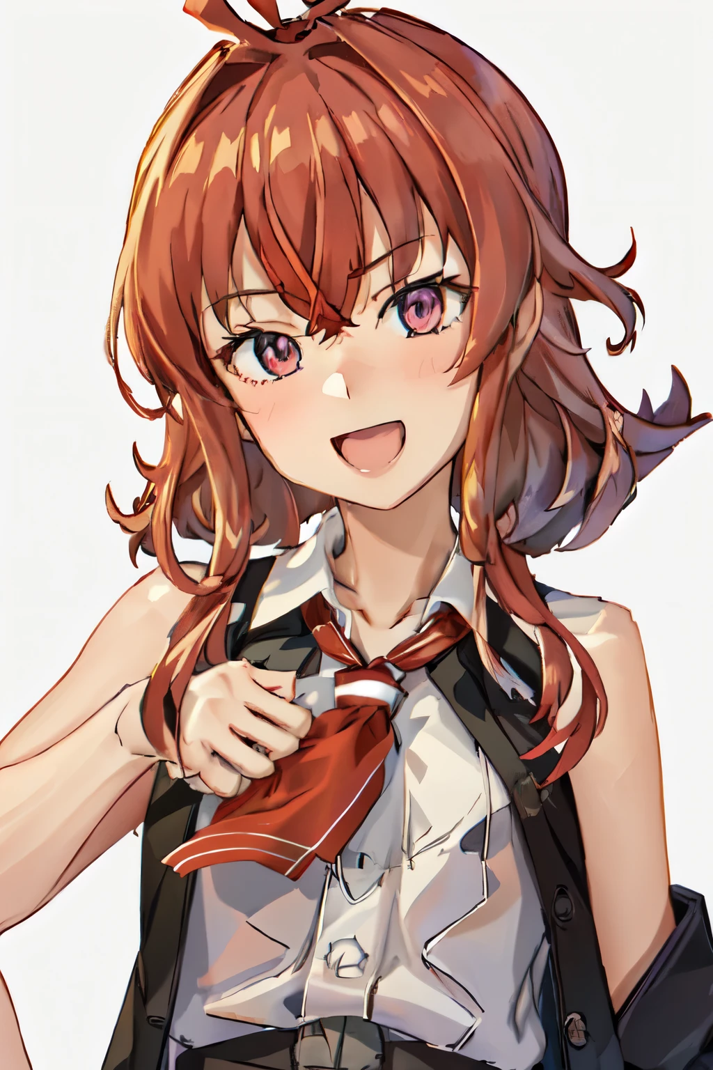 highest quality, masterpiece, High resolution, 一人in, {hagikaze_Fleet Collection:1.15}, length_hair, red_hair, One_~ side_superior, Ahoge, Brown_eye, red面, ribbon, red_ribbon, vest, head_ribbon, smile, chest, black_vest, blouse, Open_mouth, 1 girl, alternine_costume, collarbOne, looking for_in_viewer, simple_background, black_shirt, Jacket, purple_eye, shirt, white_background, :d, Open_Clothes