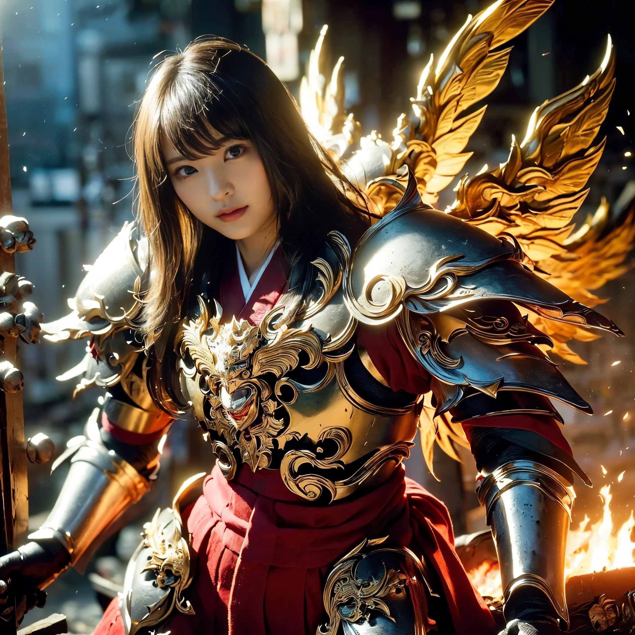 (((Realistic, masterpiece, best quality, crisp detail, high definition, high detail, very rich detail, sharp focus, sharp detail, colorful, perfect studio lightning))), ((20 years old goddess, kasumi arimura, flying, floating)),(((in the middle of war, epic war scene, attack stance))), wearing (((beautiful decorated golden heavy armor, dragon armor, decorated full body armor, fully armored beautiful kimono, wide golden wings))), (flying, swinging katana, blood scattered face, blood tears, blood bath, blood shed), (((fire everywhere, blood everywhere, death everywhere, japan bakumatsu period, dead bodies,carcass,burned japanese castle,hellish,chaos)) traditional village background)