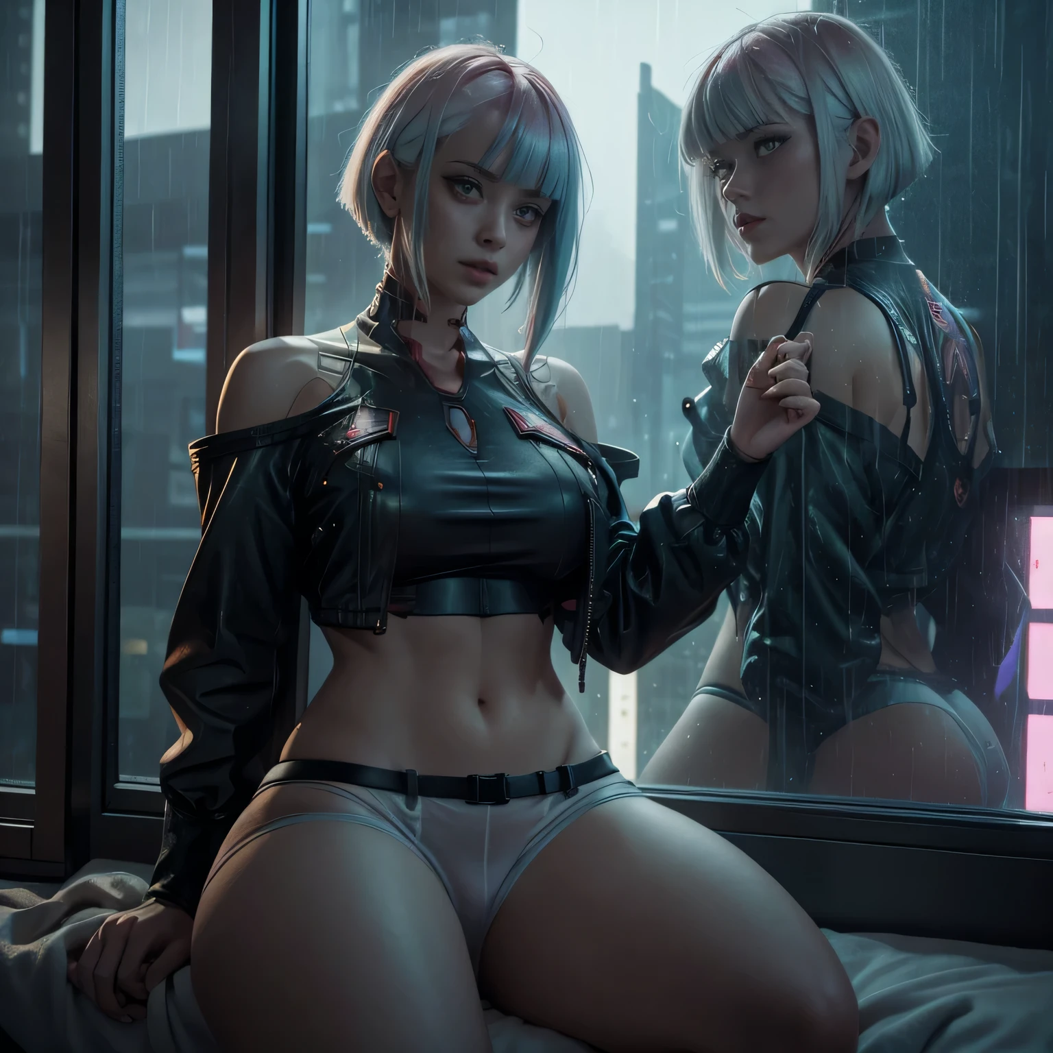 Lucy from cyberpunk, raining, foggy window, rain on window, looking out of window, casual clothes, thick thighs, in underwear