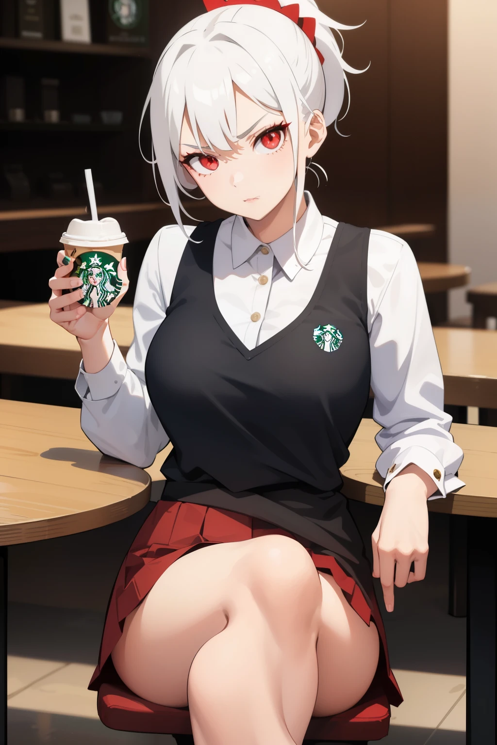 1girl, white hair, ponytail hairstyle, red eyes, perfect face, malicious look, Starbucks coffee on hand, on table, flushed, details, on a date, crossed legs, mini dress, thighs