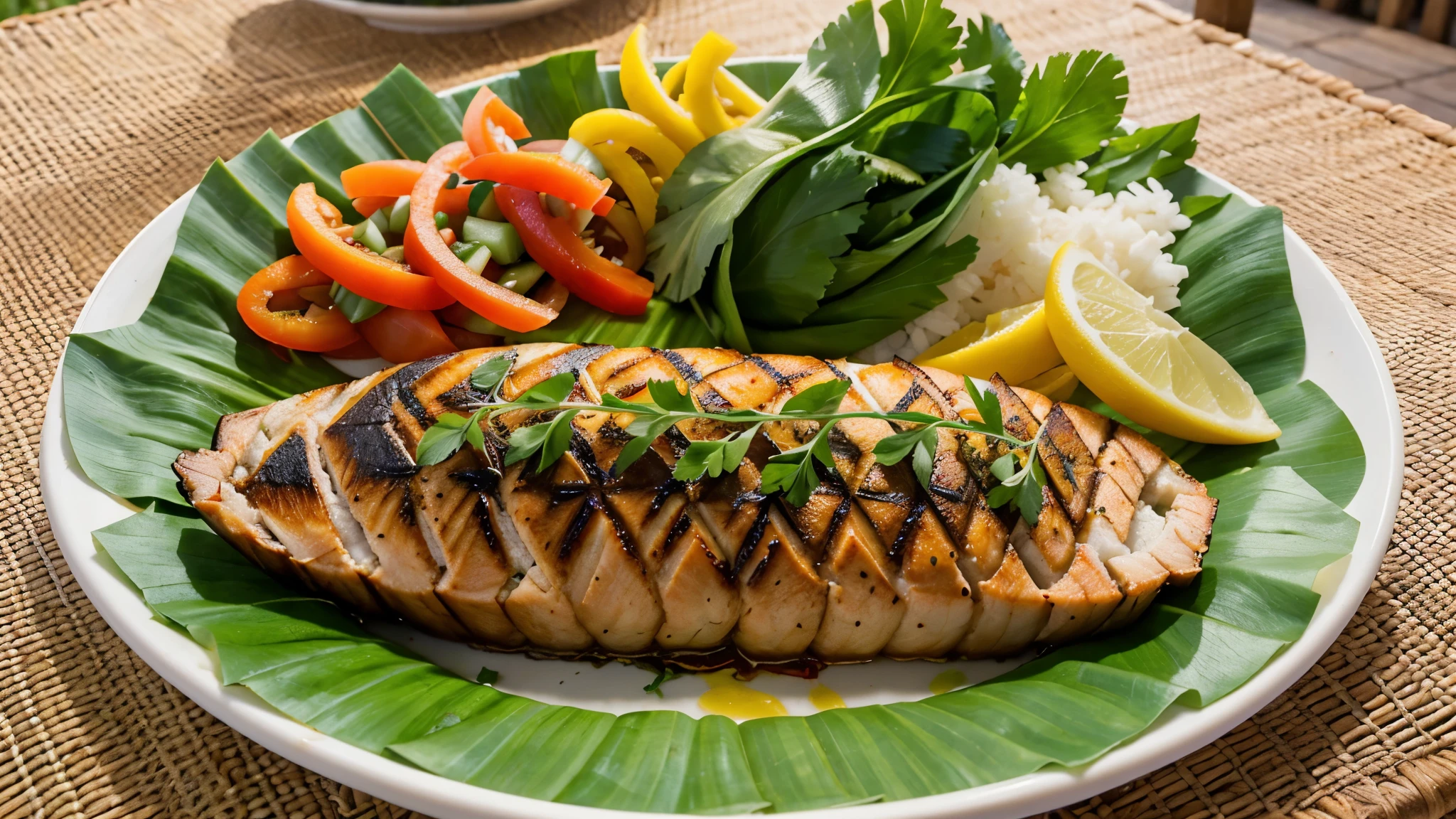 Generate images depicting the vibrant colors and flavors of Kinilaw, a traditional Filipino dish. Show a variety of seafood options commonly used in Kinilaw, such as tuna, salmon, and sea bass, beautifully arranged on a banana leaf-adorned plate. Include ingredients like sliced onions, peppers, and fresh herbs to showcase the preparation process. The images should evoke the tropical atmosphere of the Philippines, with hints of coconut trees and clear blue skies in the background. Capture the essence of Kinilaw's cultural significance and culinary artistry in these visually stunning images.