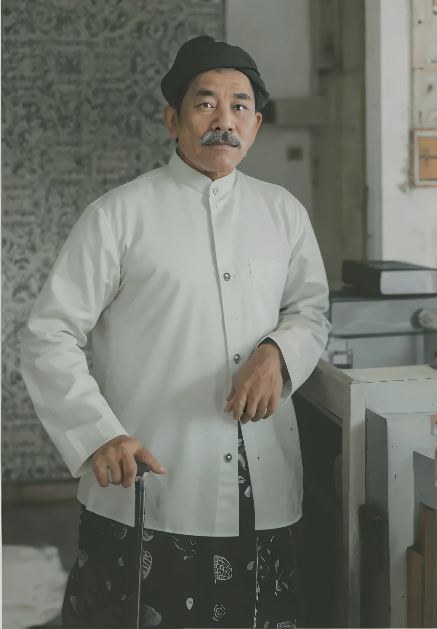 portrait of a man with a black mustache, wearing a head covering, white button-up shirt, and black patterned batik sarong, standing and holding a stick in his right hand