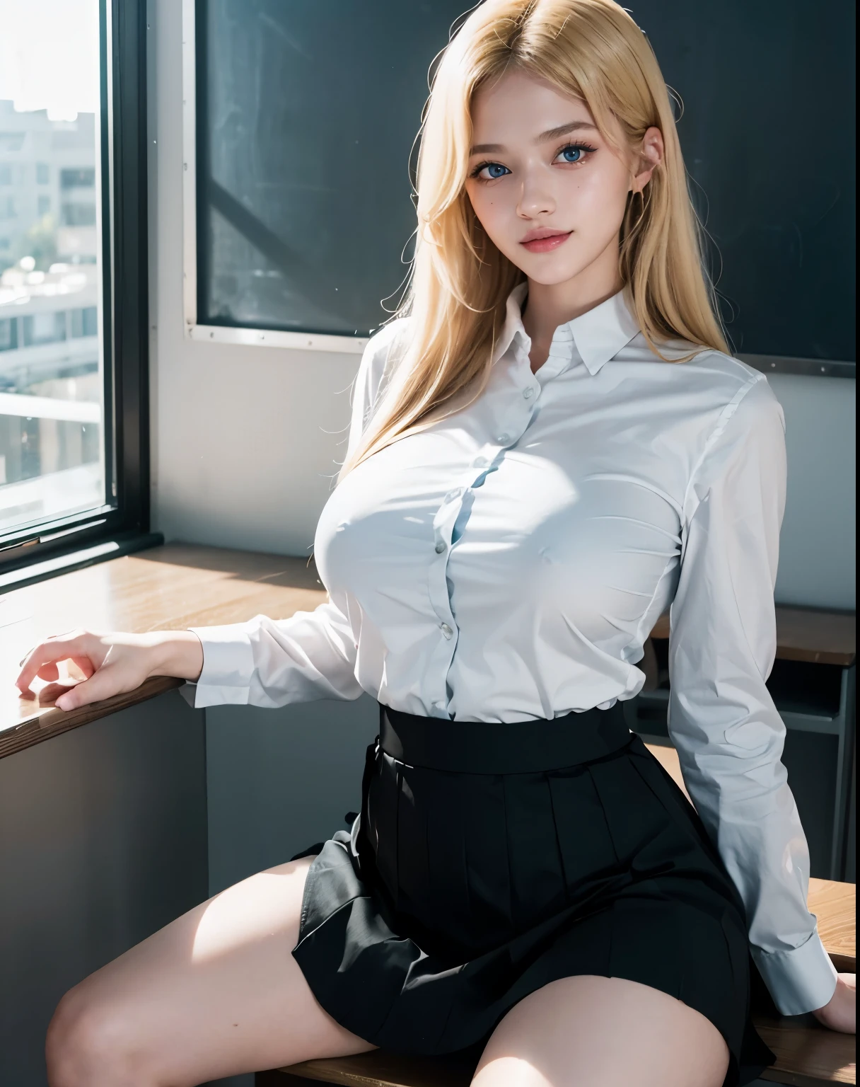 1girl, (Blue Eyes), (smiling :1.2), (Sana Minatozaki), (beautiful makeup :1.2), wide hips, Big tits, big ass, (Best Quality, 8k, Masterpiece: 1.3), Clear Focus: 1.2, Perfect Body Beauty: 1.4, strong abs, Highly detailed face and skin texture, detailed eyes, double eyelids, (blond long hair :1.2), (white dress shirt :1.2), (black teacher skirt :1.2), (sexy teacher :1.2), sitting at a desk, in a classroom, blackboard in the background