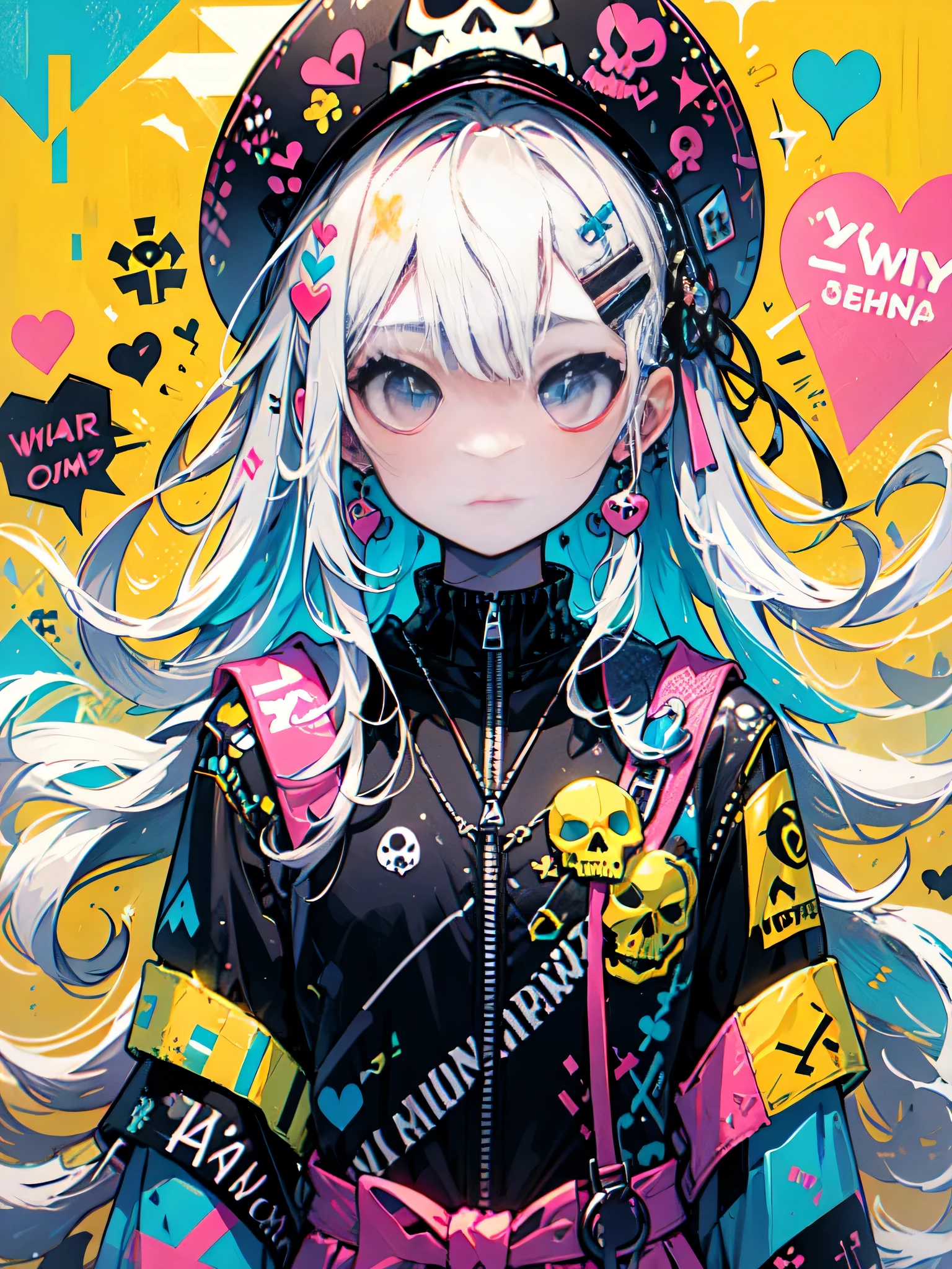 Vasily Kandinskystyle、"cute, beautiful, Adorable girl wearing pink clothes, yellow, and baby blue color scheme. She is wearing a costume with a SKULL motif inspired by a female pirate.。.。.。.... stylish hat, Rock、Comes with decorative accessories such as hair clips. Embodying the vibrant and modern Harajuku fashion style。."
